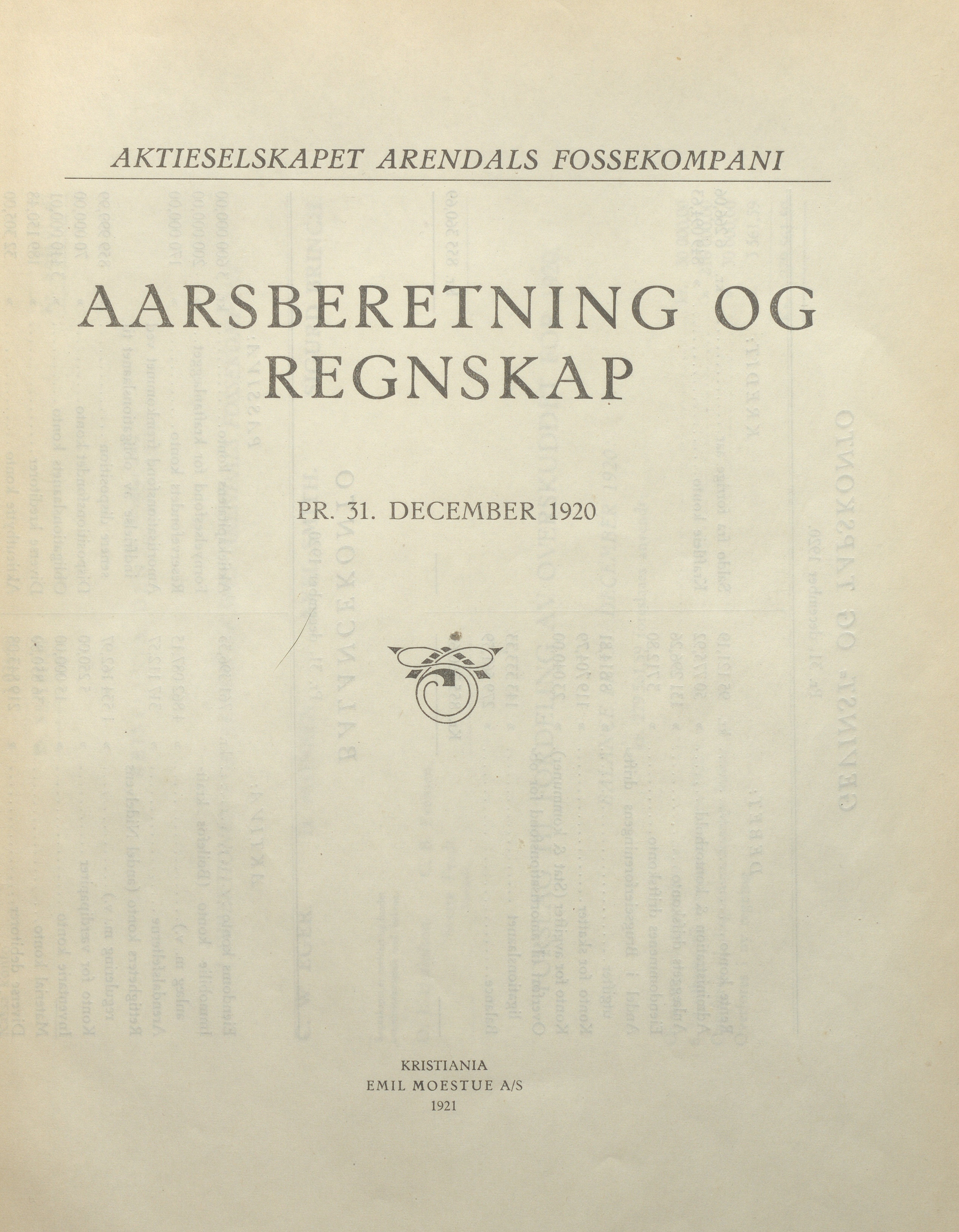 Arendals Fossekompani, AAKS/PA-2413/X/X01/L0001/0008: Beretninger, regnskap, balansekonto, gevinst- og tapskonto / Årsberetning og regnskap 1919 - 1927, 1919-1927, s. 5