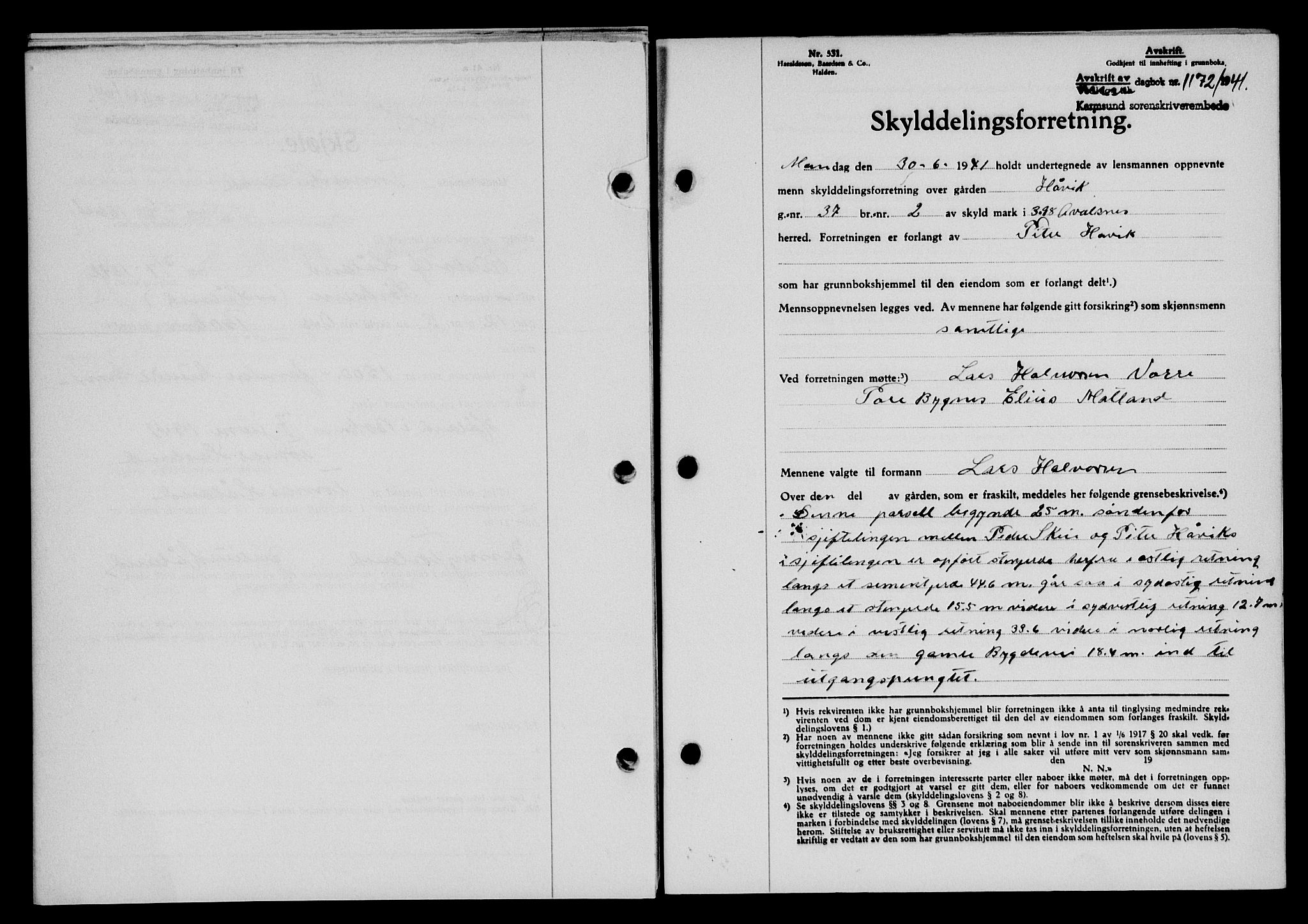 Karmsund sorenskriveri, SAST/A-100311/01/II/IIB/L0075: Pantebok nr. 56A, 1941-1941, Dagboknr: 1172/1941