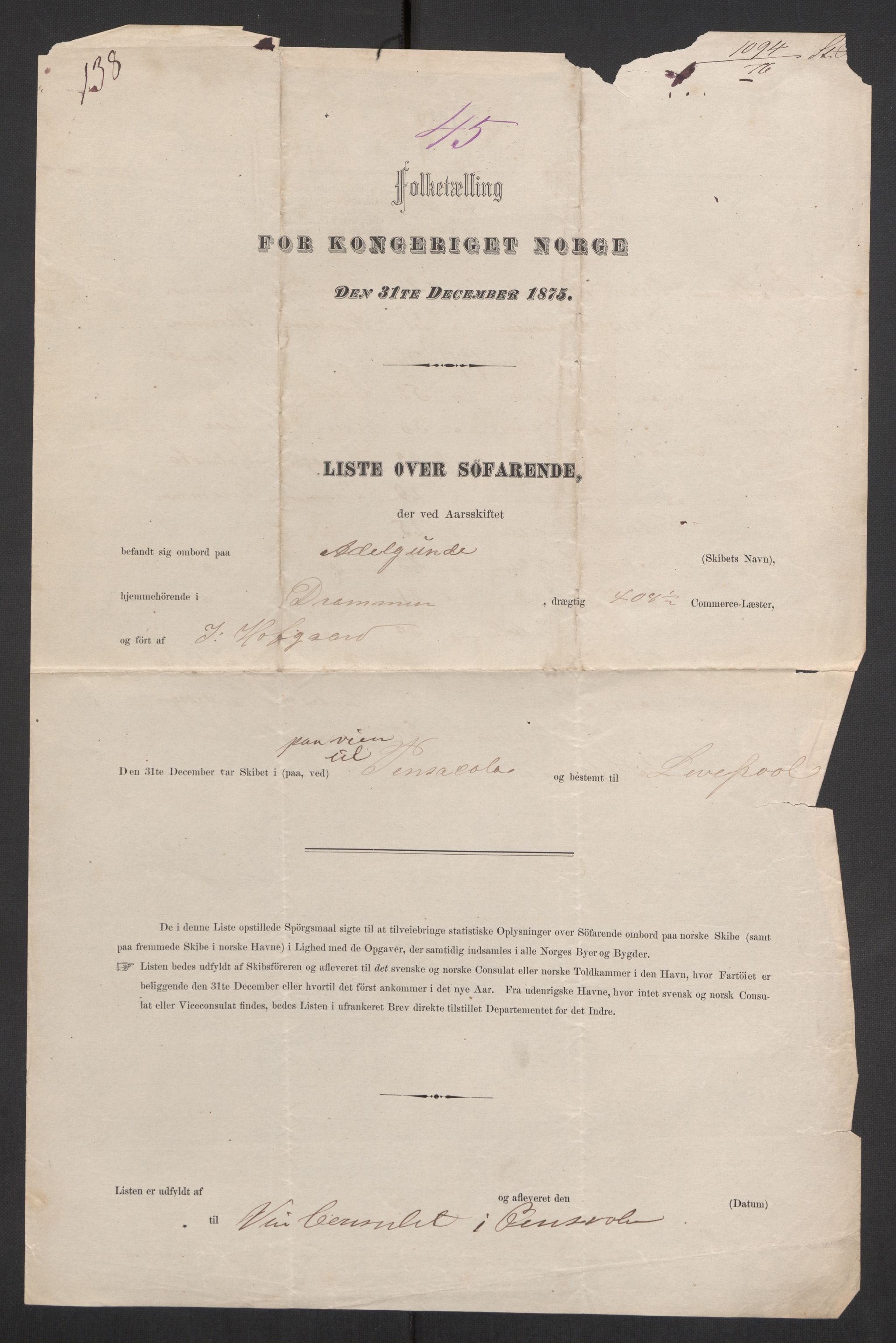 RA, Folketelling 1875, skipslister: Skip i utenrikske havner, hjemmehørende i byer og ladesteder, Fredrikshald - Arendal, 1875, s. 319