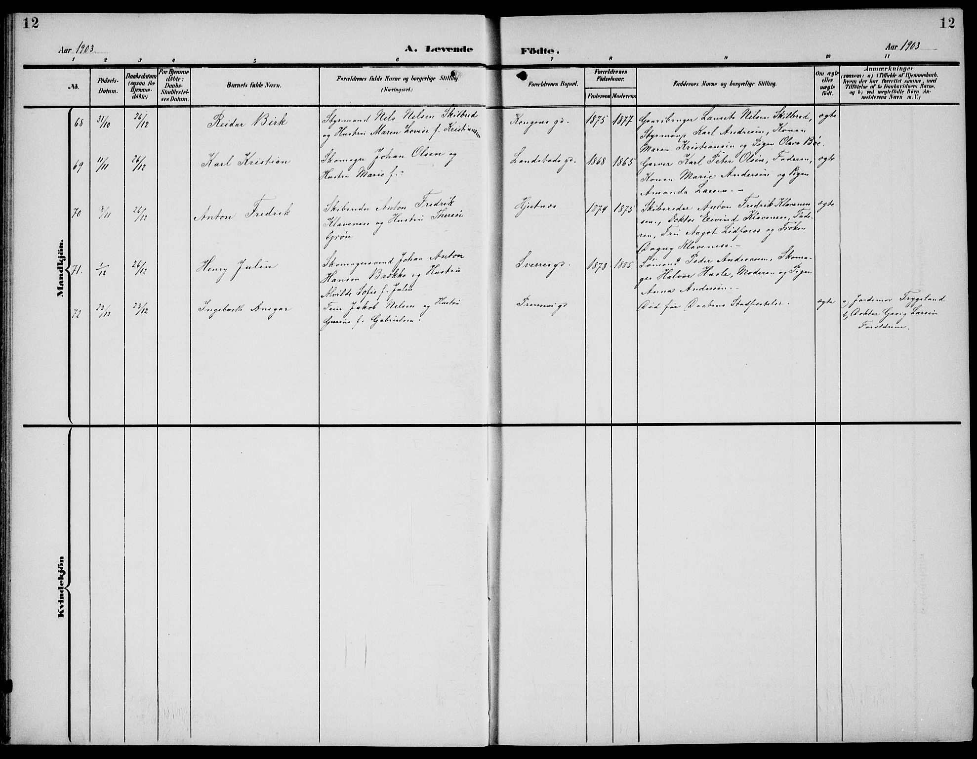 Sandefjord kirkebøker, AV/SAKO-A-315/G/Ga/L0003: Klokkerbok nr. 3, 1903-1920, s. 12