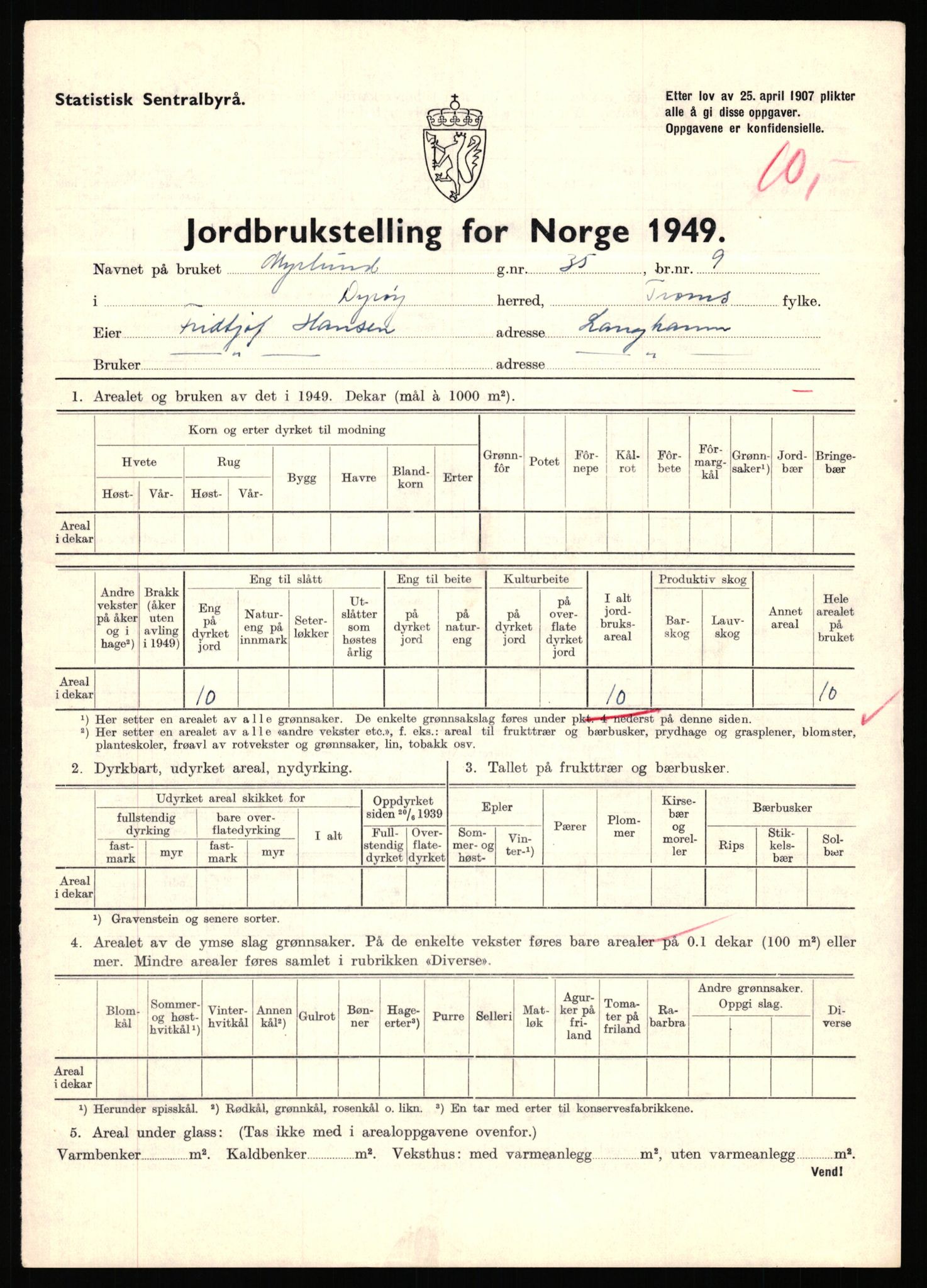 Statistisk sentralbyrå, Næringsøkonomiske emner, Jordbruk, skogbruk, jakt, fiske og fangst, AV/RA-S-2234/G/Gc/L0440: Troms: Sørreisa og Dyrøy, 1949, s. 974