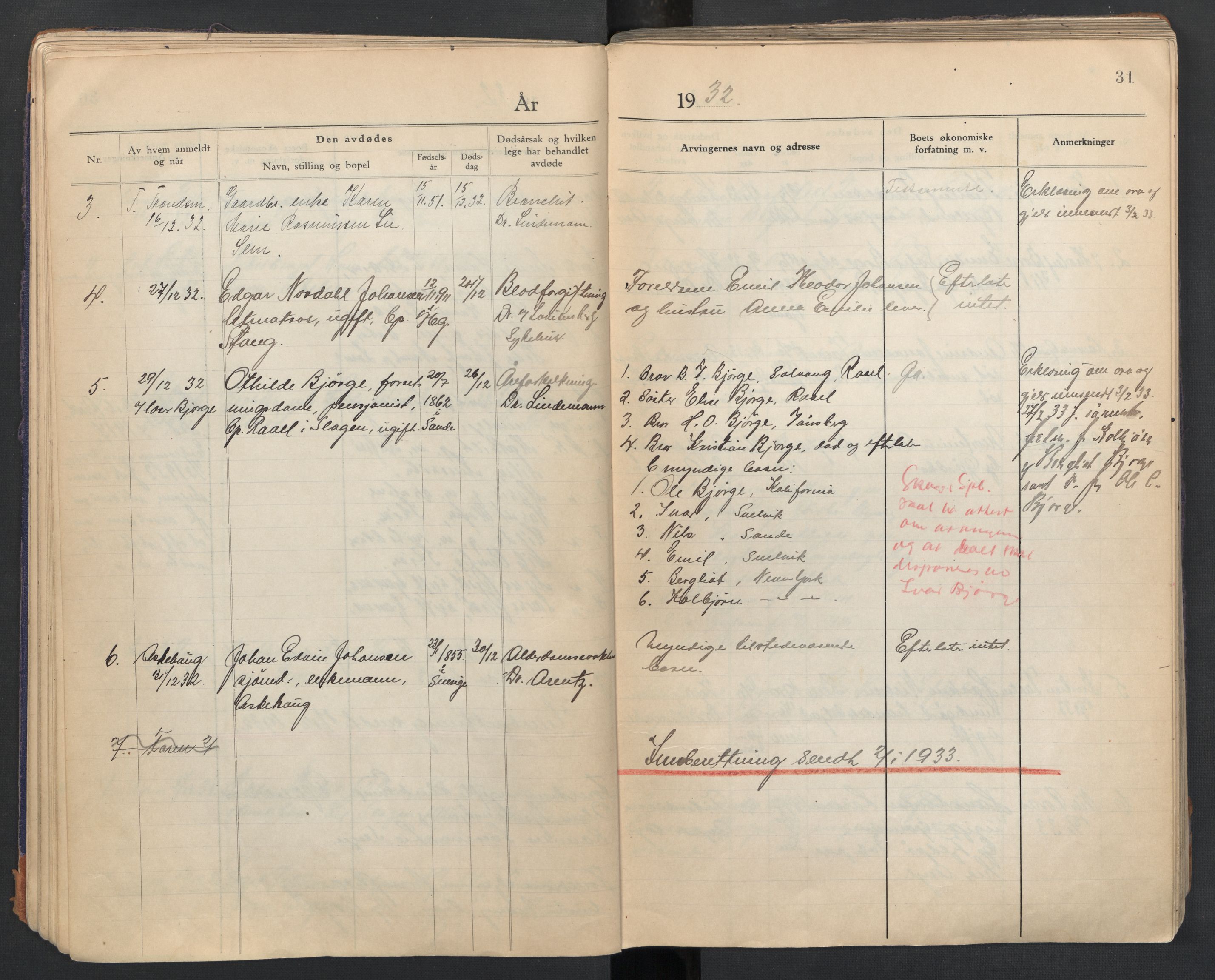 Sem lensmannskontor, AV/SAKO-A-547/H/Ha/L0007: Dødsfallsprotokoll, 1931-1939, s. 31