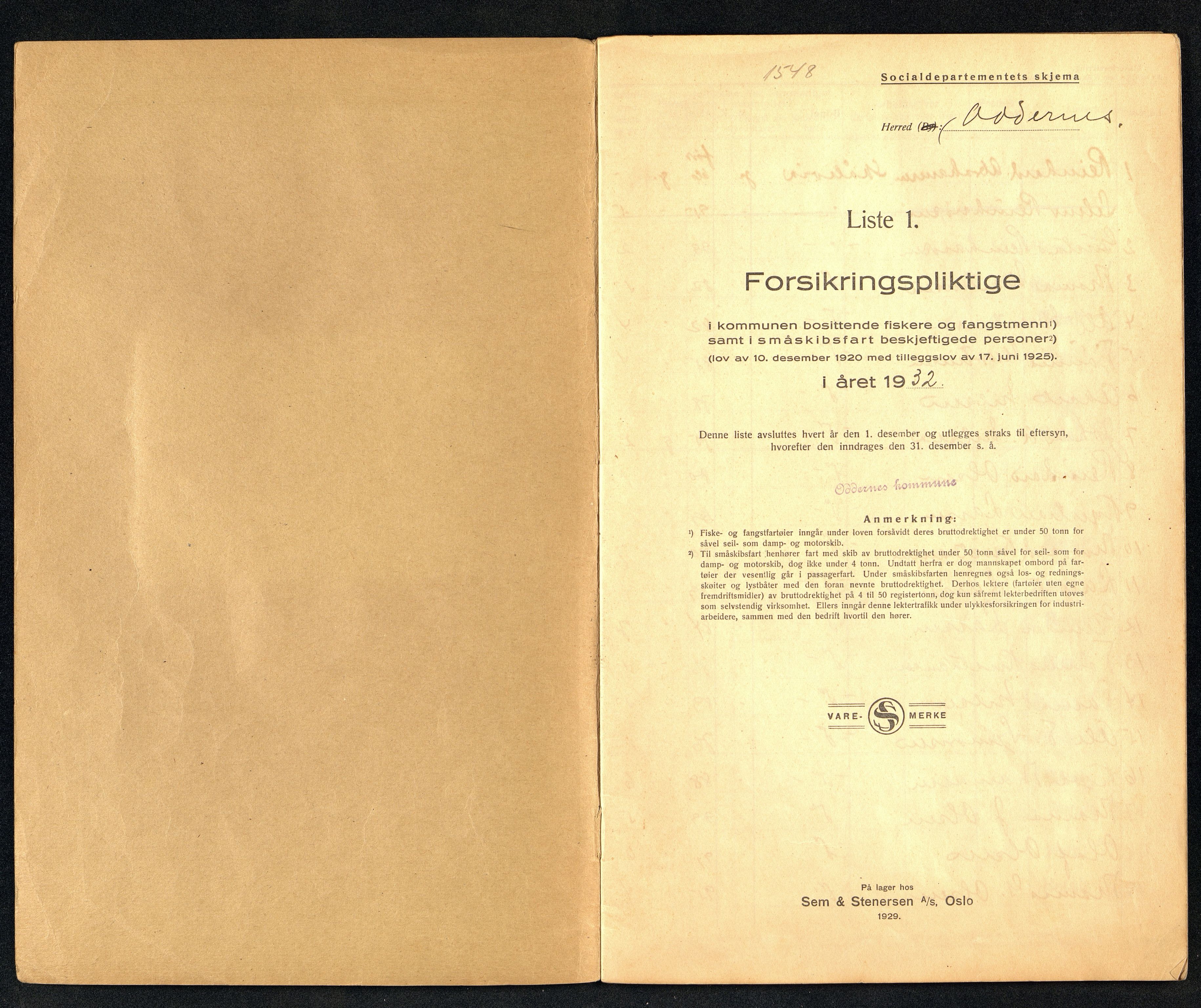 Oddernes kommune - Fiskermanntallnemnda, ARKSOR/1001OD622/F/L0001/0006: Manntall over forsikringspliktige fiskere og fangstmenn / Manntall over forsikringspliktige fiskere og fangstmenn, 1932