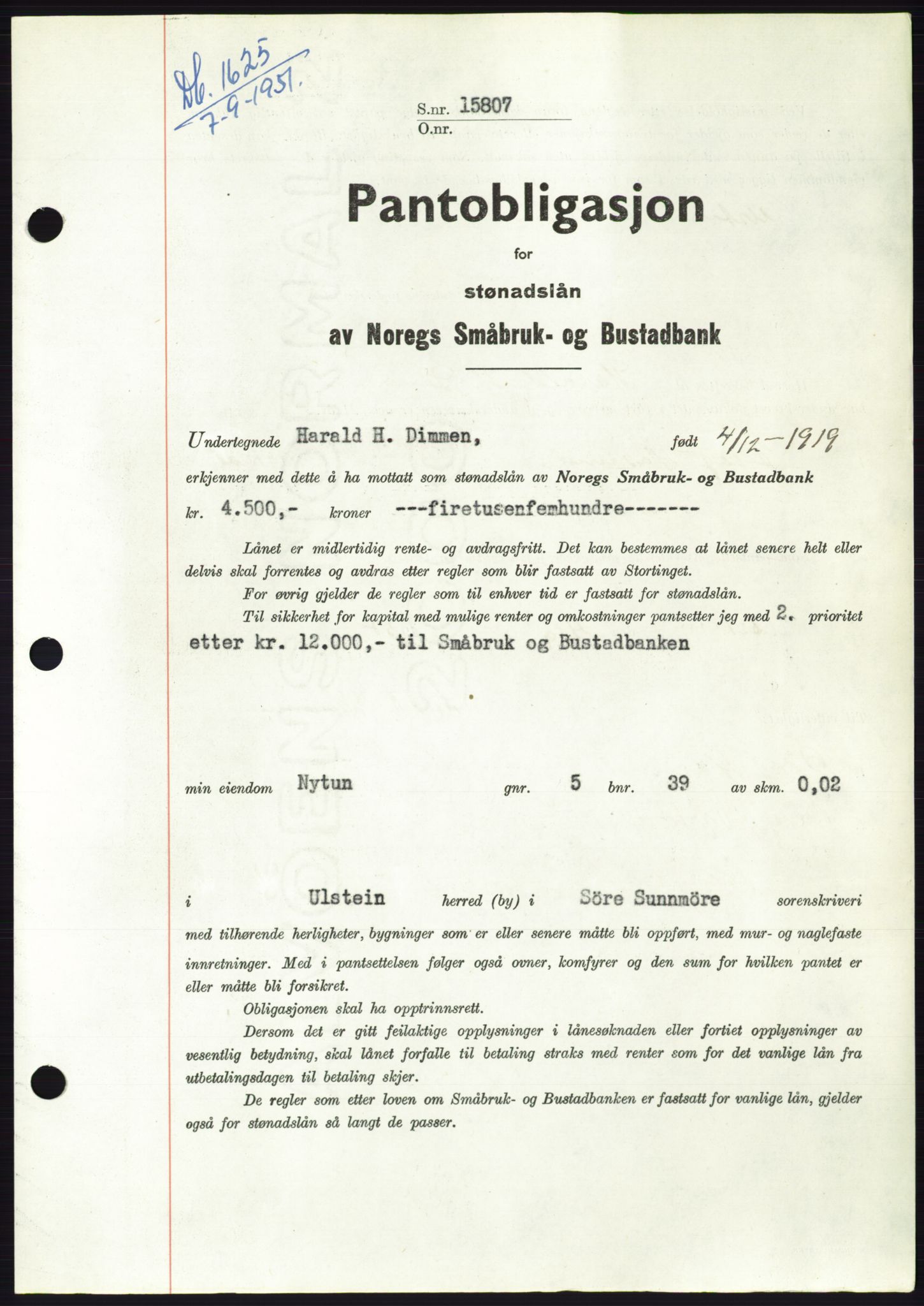 Søre Sunnmøre sorenskriveri, SAT/A-4122/1/2/2C/L0120: Pantebok nr. 8B, 1951-1951, Dagboknr: 1625/1951