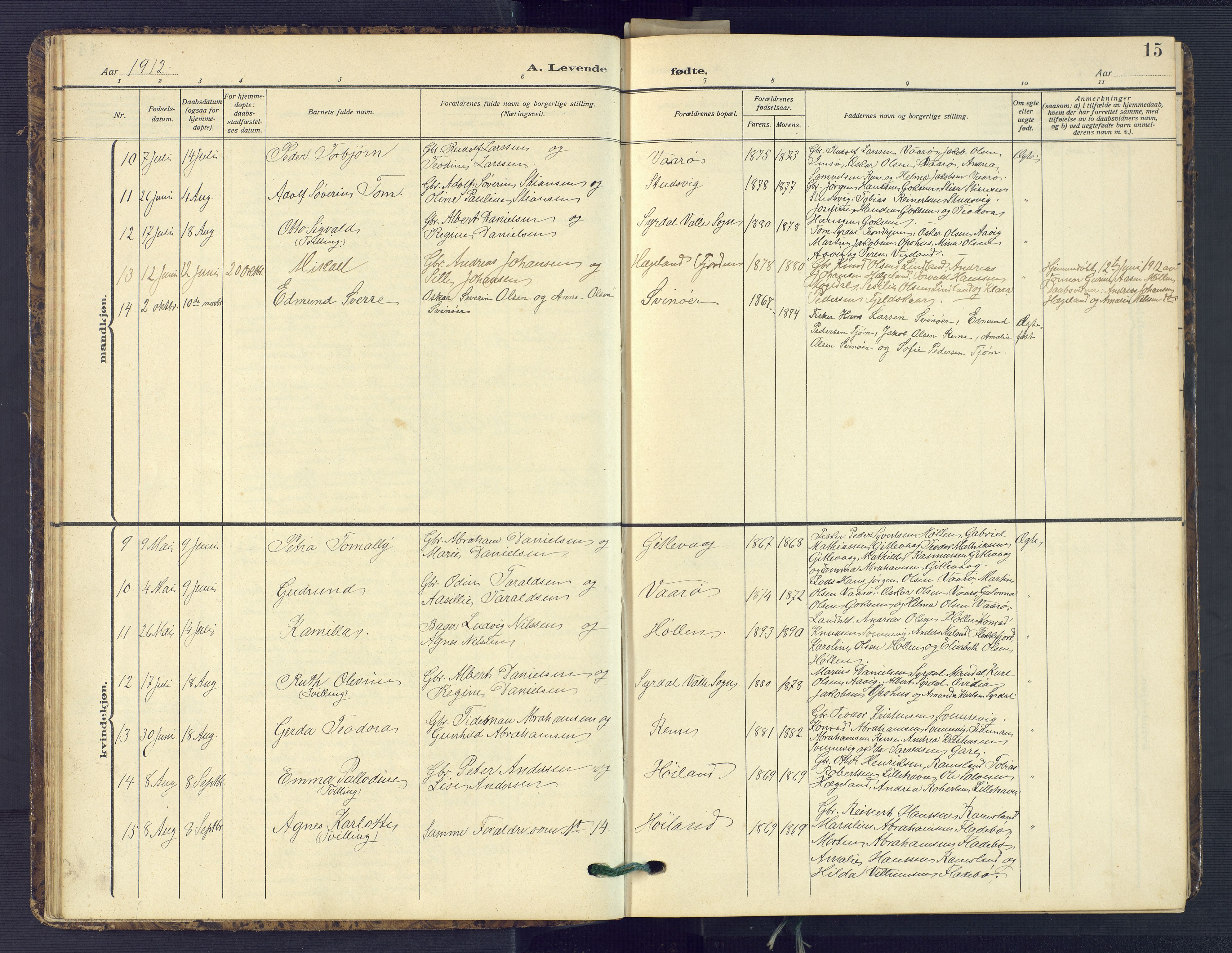Sør-Audnedal sokneprestkontor, AV/SAK-1111-0039/F/Fb/Fba/L0005: Klokkerbok nr. B 5, 1908-1963, s. 15