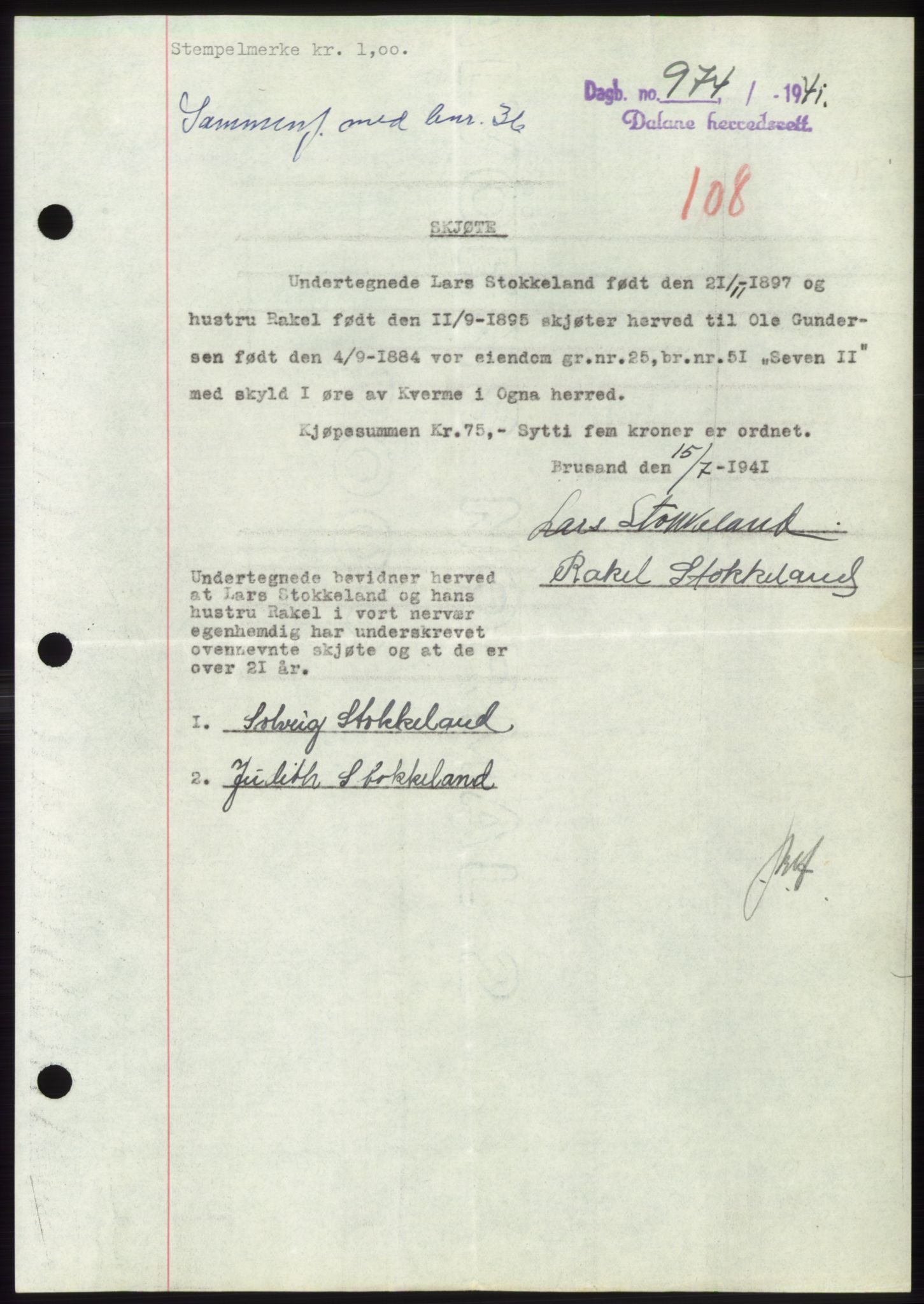 Dalane sorenskriveri, SAST/A-100309/02/G/Gb/L0058: Pantebok, 1926-1950, Tingl.dato: 27.10.1941