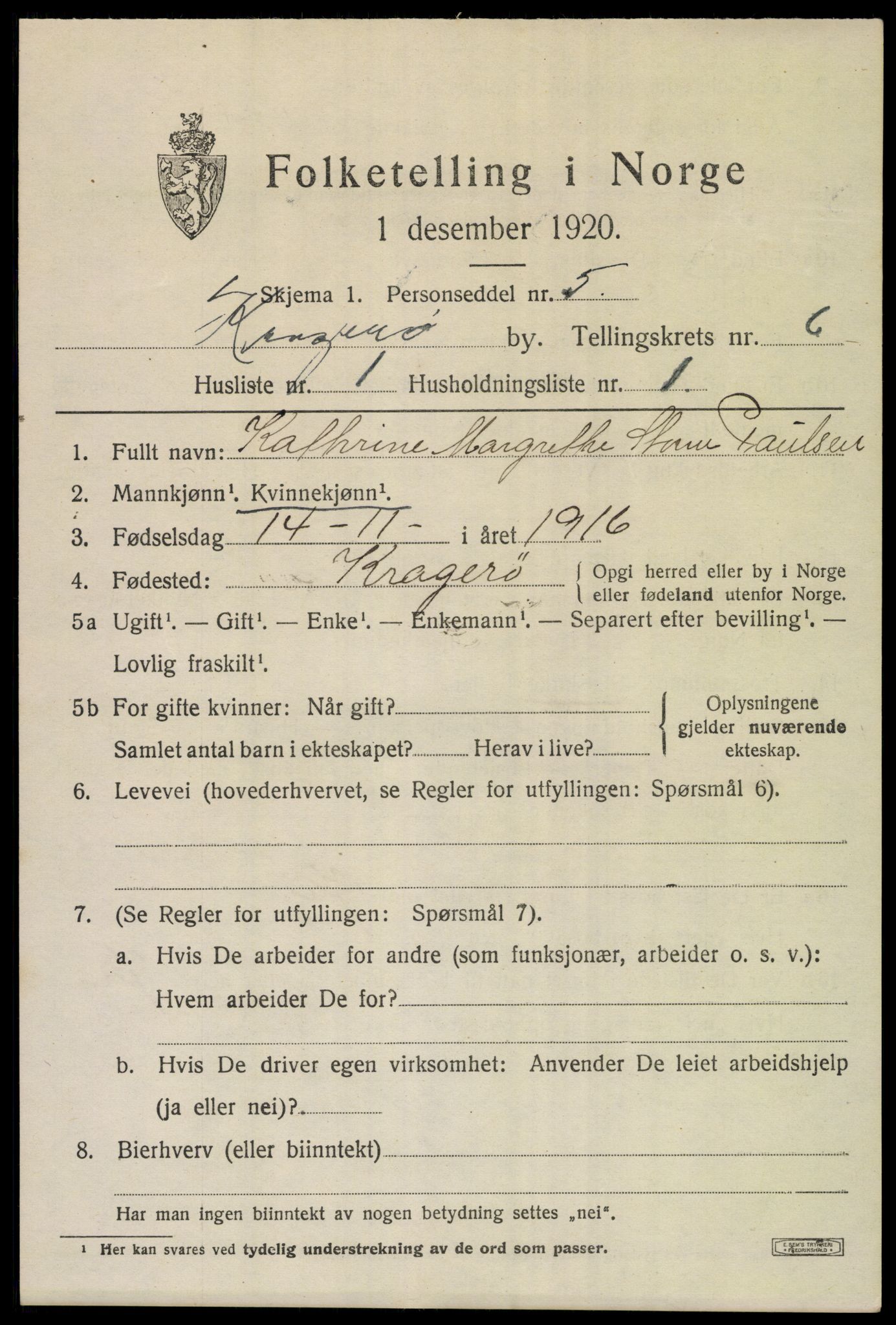SAKO, Folketelling 1920 for 0801 Kragerø kjøpstad, 1920, s. 9075