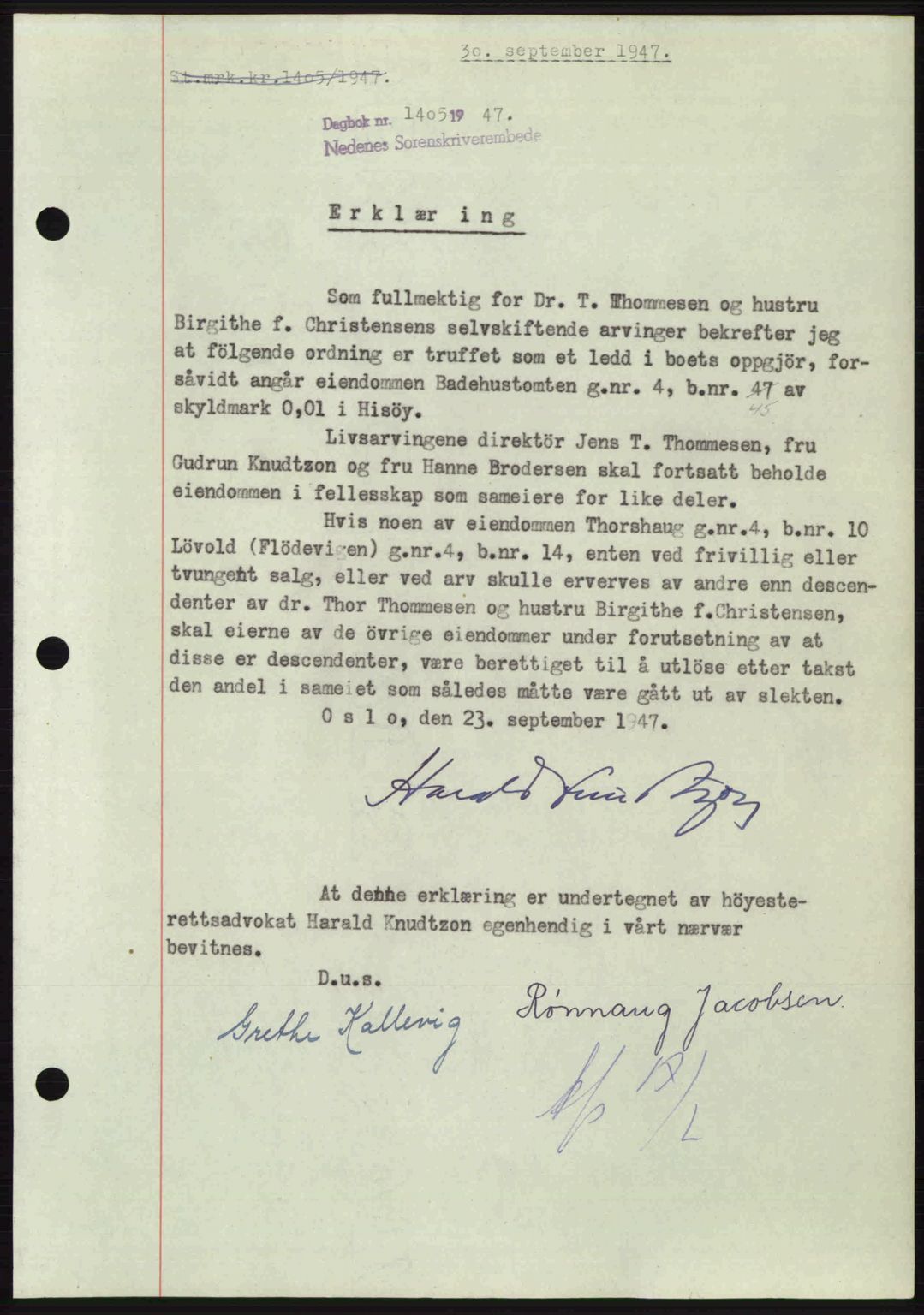 Nedenes sorenskriveri, AV/SAK-1221-0006/G/Gb/Gba/L0058: Pantebok nr. A10, 1947-1948, Dagboknr: 1405/1947