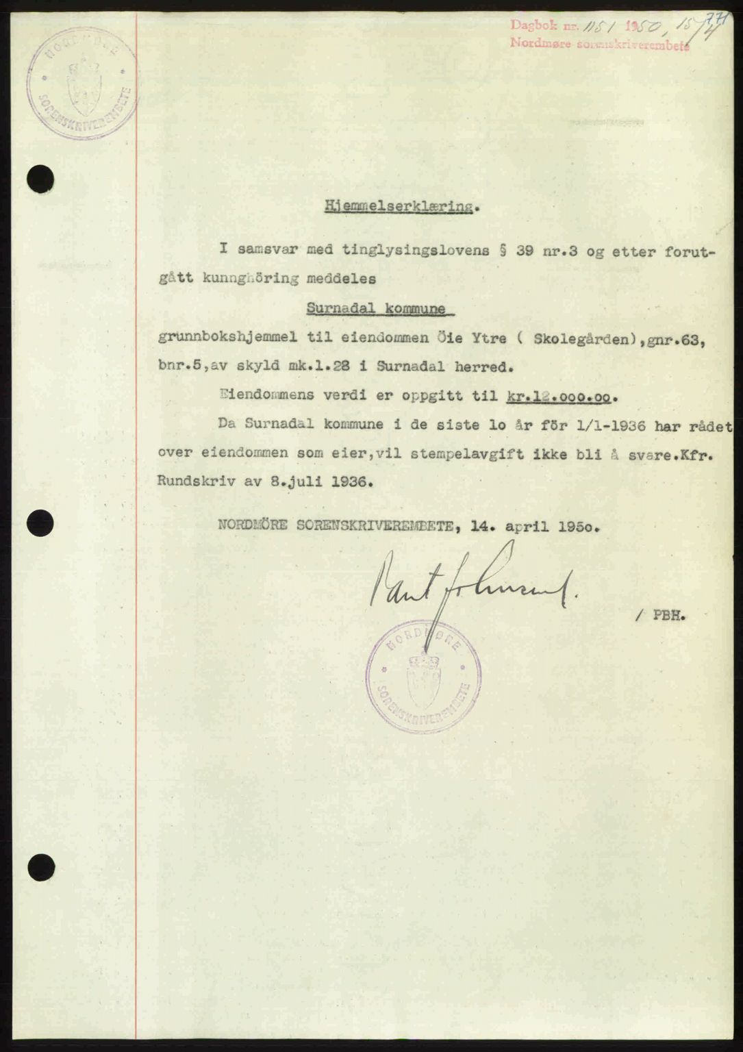 Nordmøre sorenskriveri, SAT/A-4132/1/2/2Ca: Pantebok nr. A114, 1950-1950, Dagboknr: 1151/1950