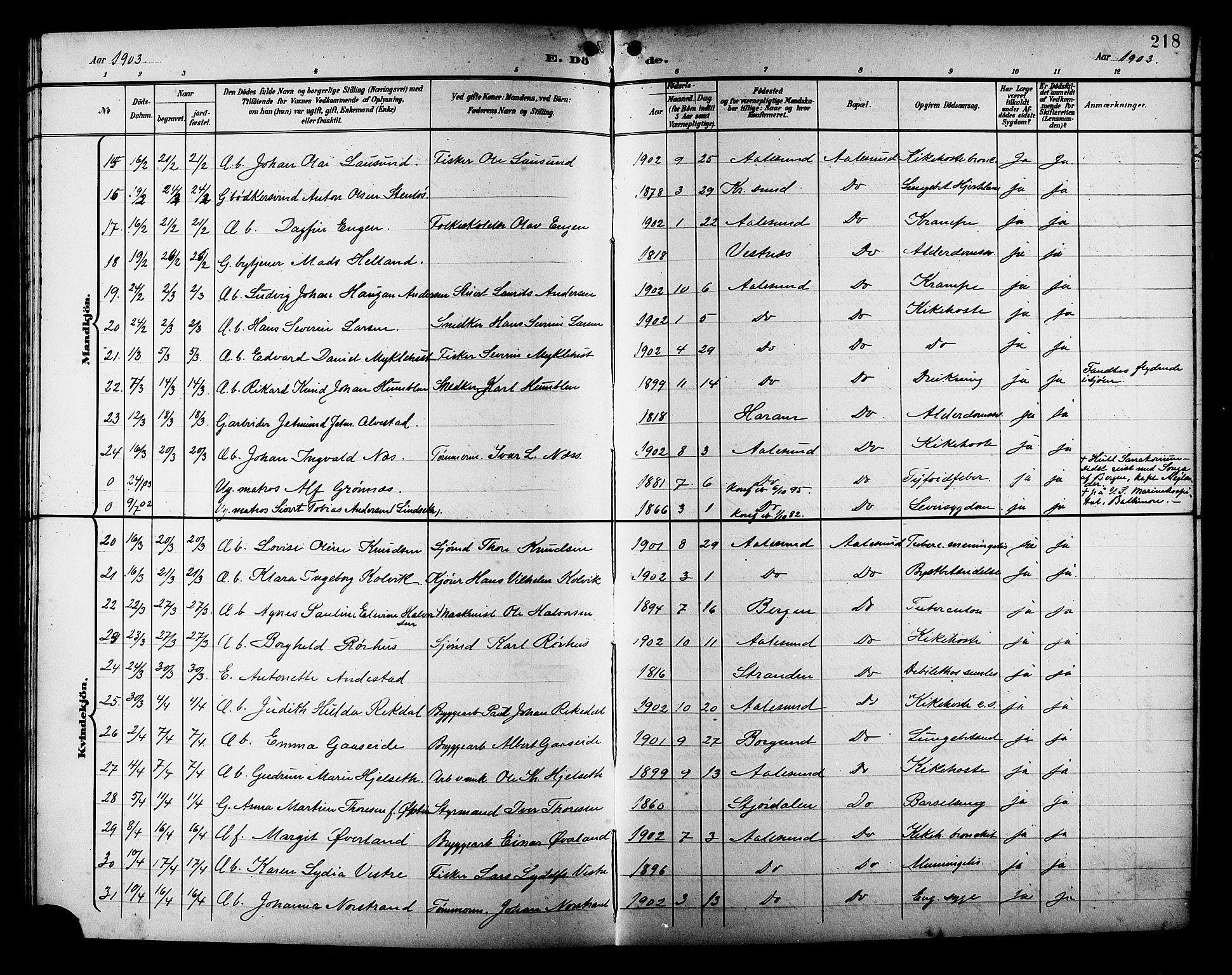 Ministerialprotokoller, klokkerbøker og fødselsregistre - Møre og Romsdal, AV/SAT-A-1454/529/L0469: Klokkerbok nr. 529C06, 1898-1906, s. 218