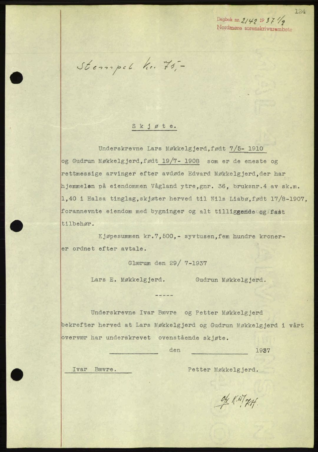 Nordmøre sorenskriveri, SAT/A-4132/1/2/2Ca: Pantebok nr. A82, 1937-1938, Dagboknr: 2142/1937
