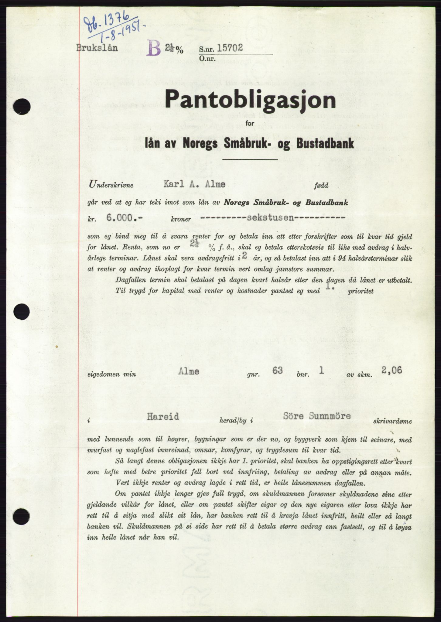 Søre Sunnmøre sorenskriveri, SAT/A-4122/1/2/2C/L0120: Pantebok nr. 8B, 1951-1951, Dagboknr: 1376/1951