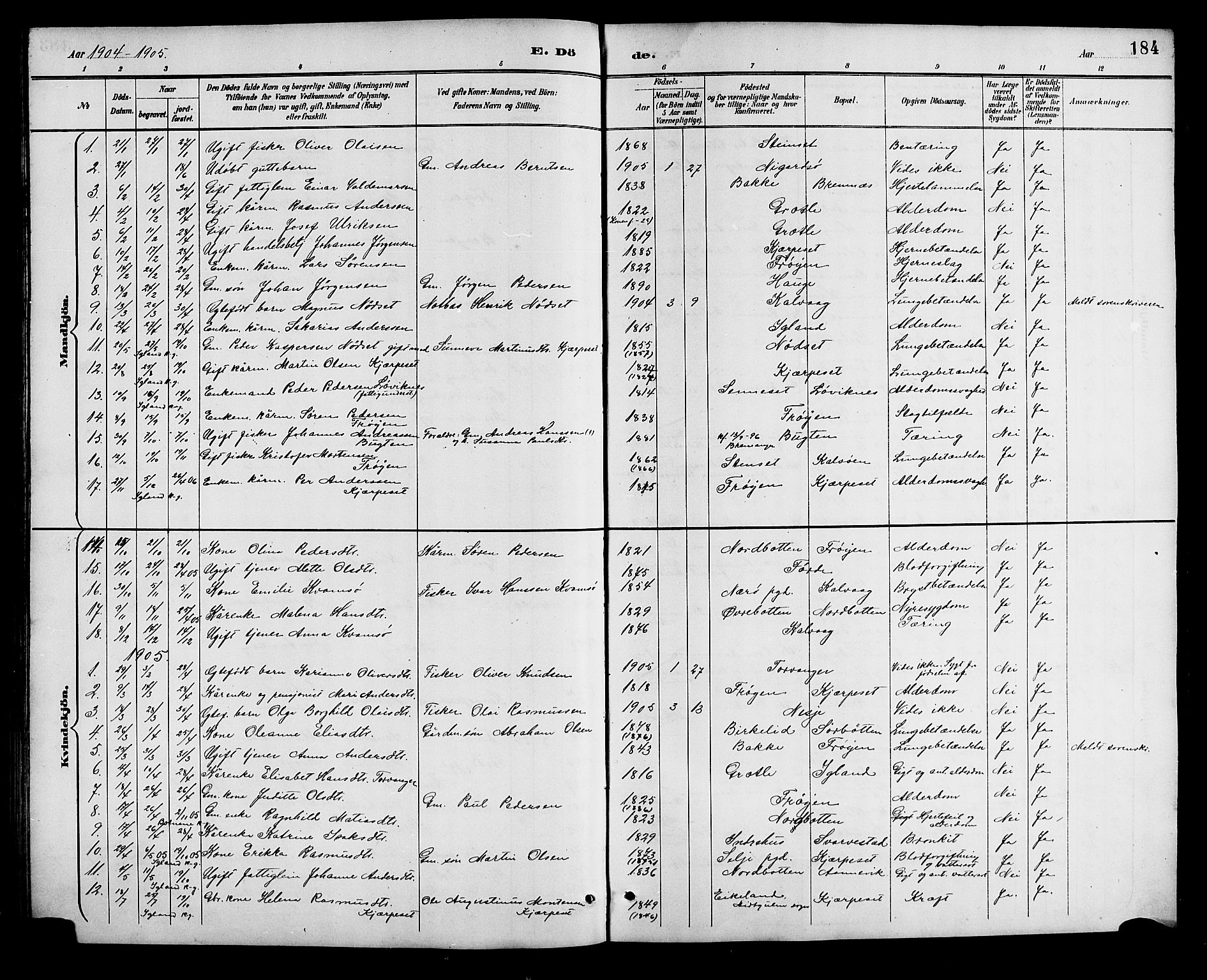 Bremanger sokneprestembete, AV/SAB-A-82201/H/Hab/Haba/L0003: Klokkerbok nr. A 3, 1890-1908, s. 184