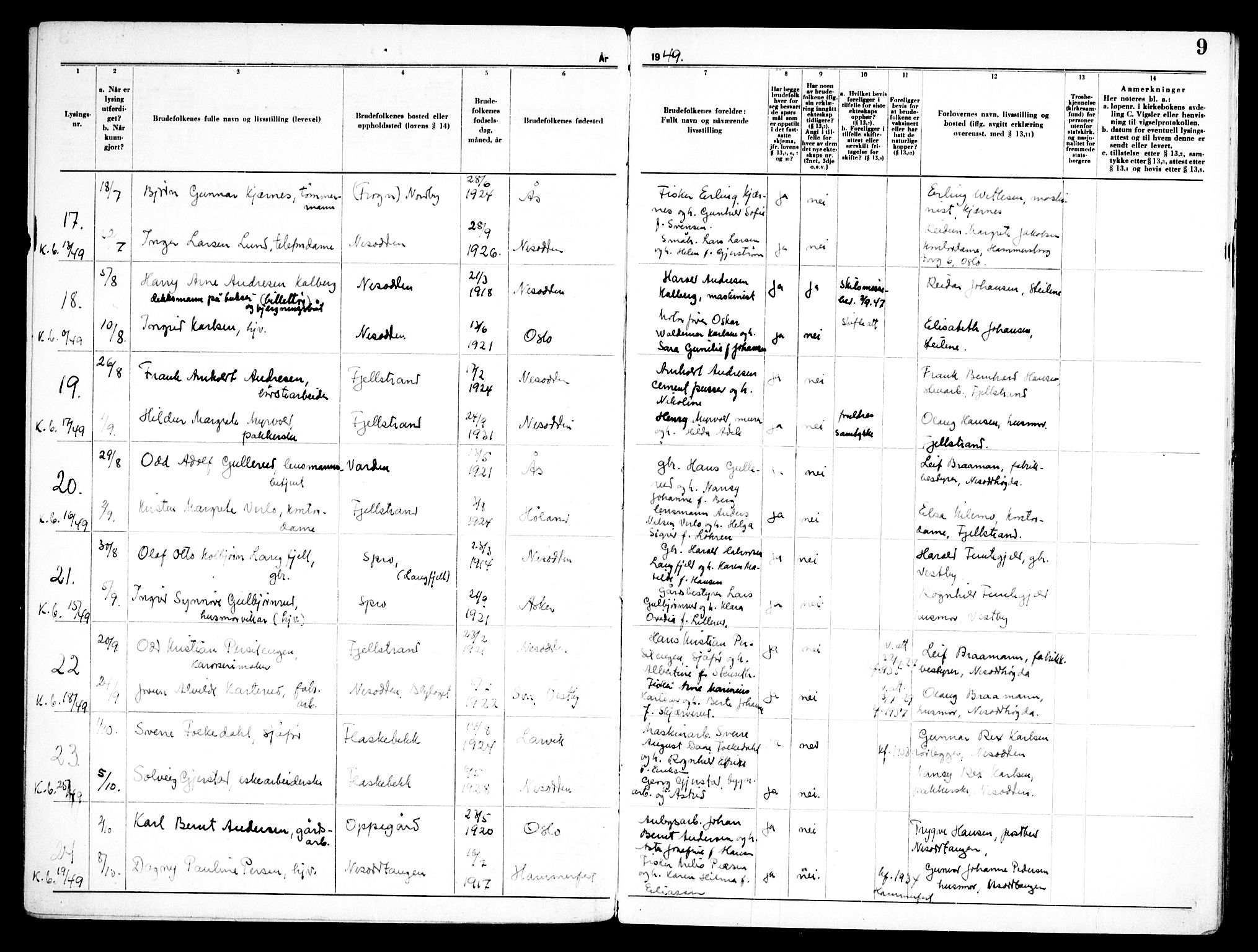 Nesodden prestekontor Kirkebøker, AV/SAO-A-10013/H/Ha/L0002: Lysningsprotokoll nr. 2, 1948-1973, s. 9