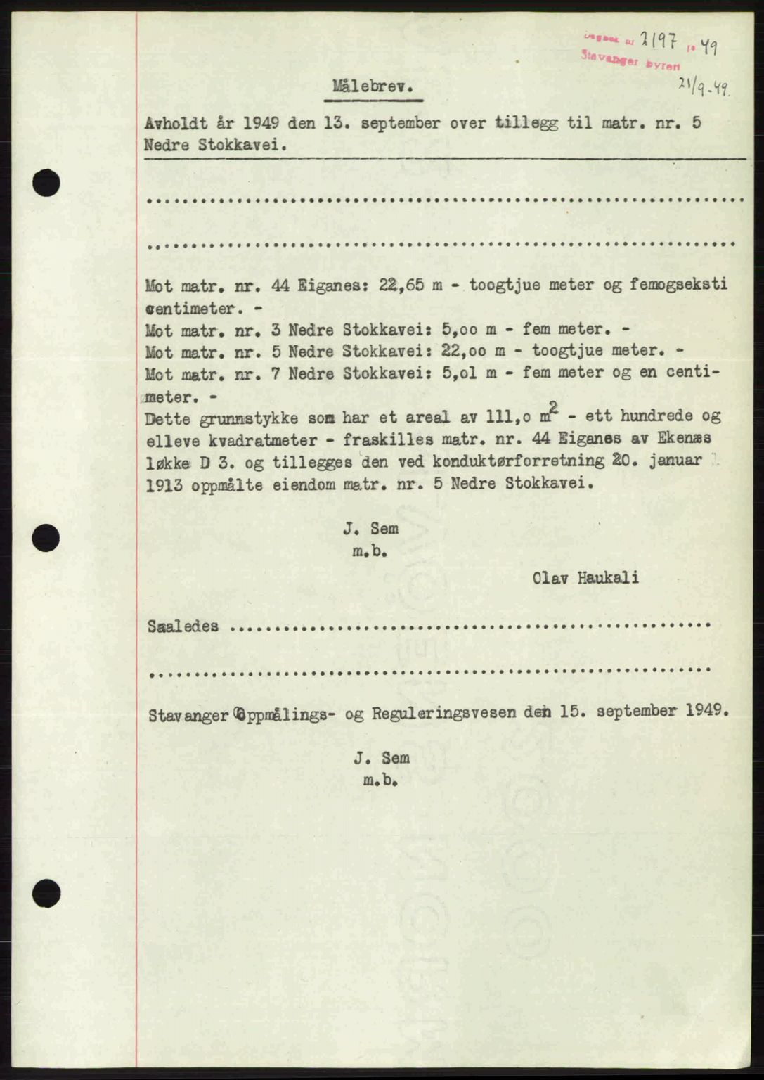 Stavanger byrett, SAST/A-100455/002/G/Gb/L0023: Pantebok nr. A12, 1948-1949, Dagboknr: 2197/1949