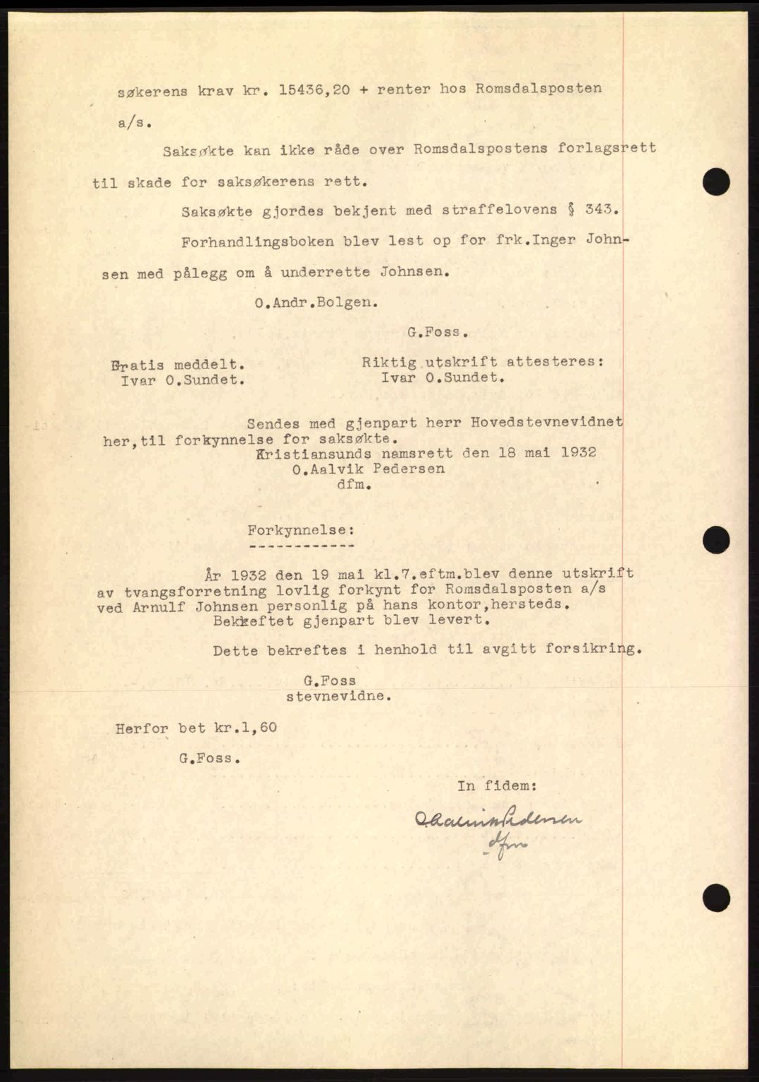 Kristiansund byfogd, AV/SAT-A-4587/A/27: Pantebok nr. 26, 1931-1933, Tingl.dato: 20.05.1932