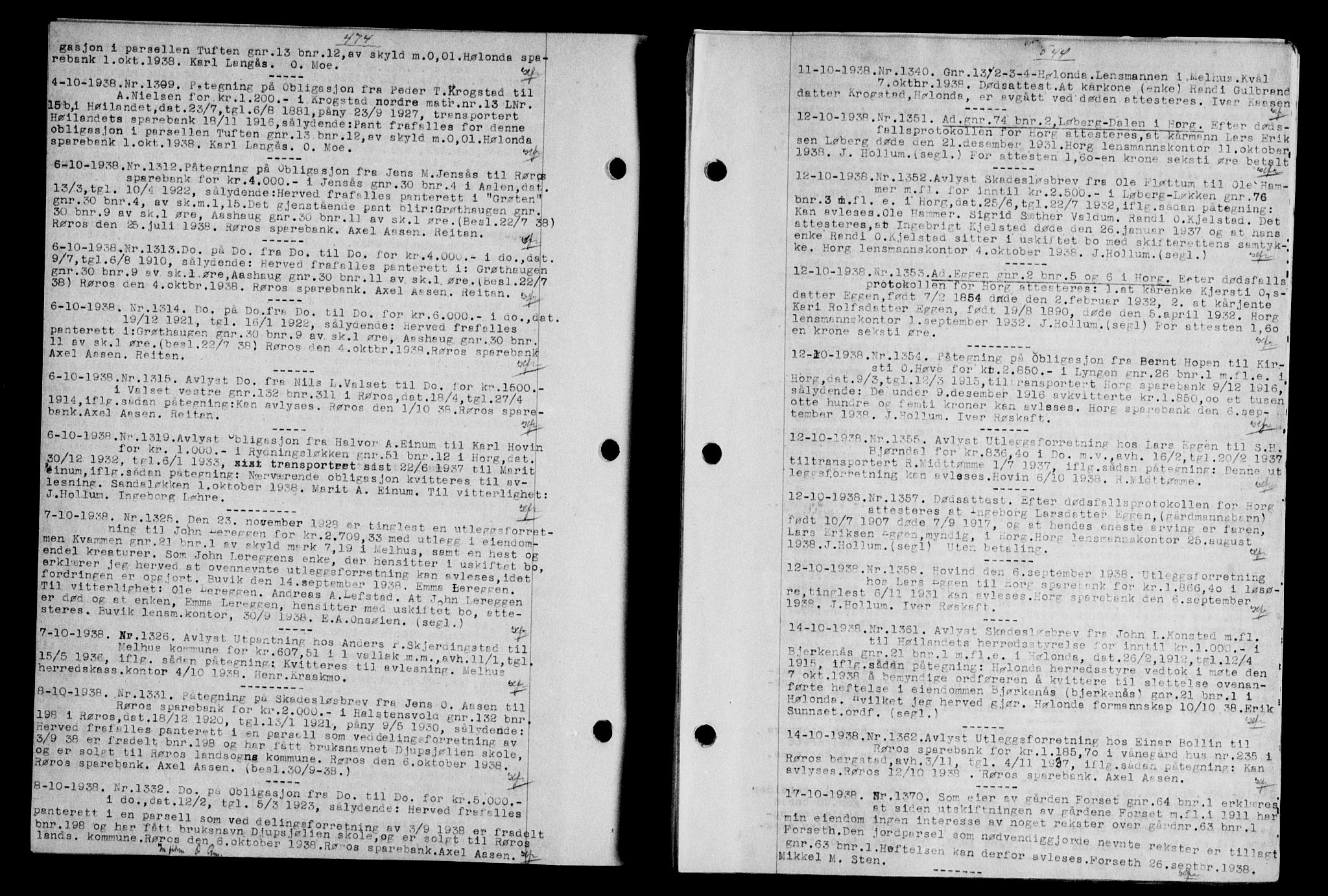 Gauldal sorenskriveri, SAT/A-0014/1/2/2C/L0049: Pantebok nr. 53, 1938-1938, Dagboknr: 1309/1938