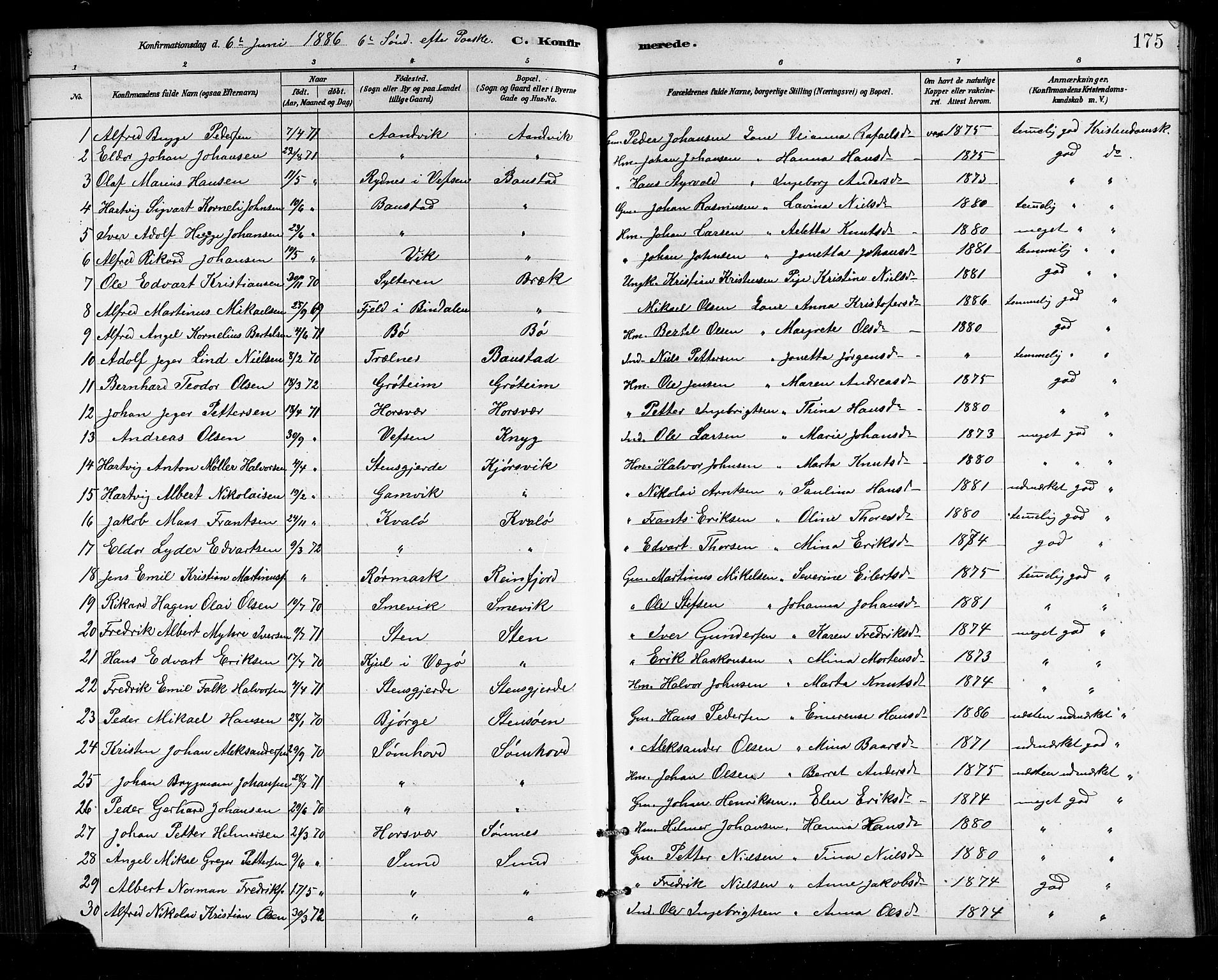 Ministerialprotokoller, klokkerbøker og fødselsregistre - Nordland, AV/SAT-A-1459/812/L0188: Klokkerbok nr. 812C06, 1884-1912, s. 175