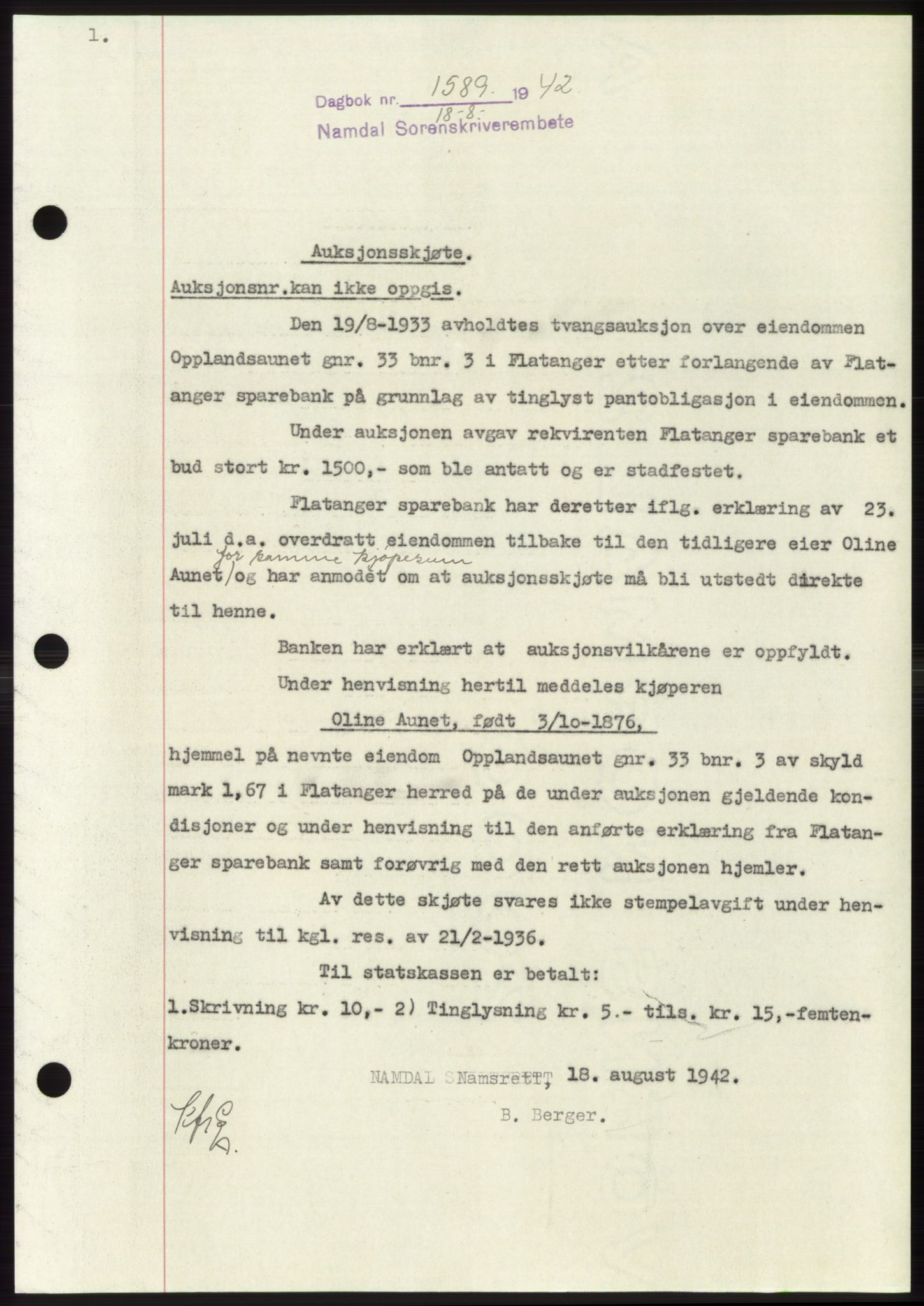 Namdal sorenskriveri, SAT/A-4133/1/2/2C: Pantebok nr. -, 1942-1943, Dagboknr: 1589/1942