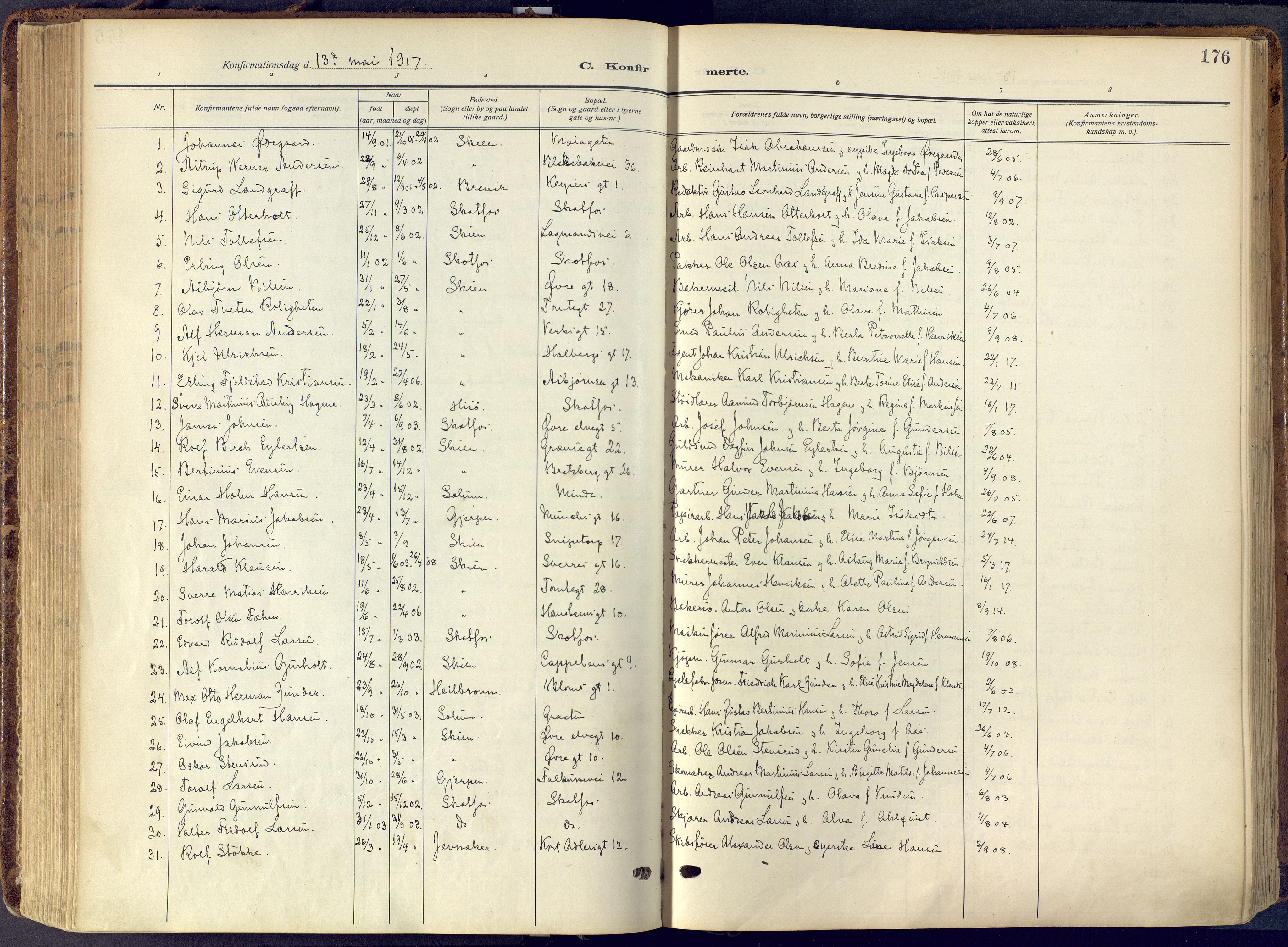 Skien kirkebøker, SAKO/A-302/F/Fa/L0013: Ministerialbok nr. 13, 1915-1921, s. 176