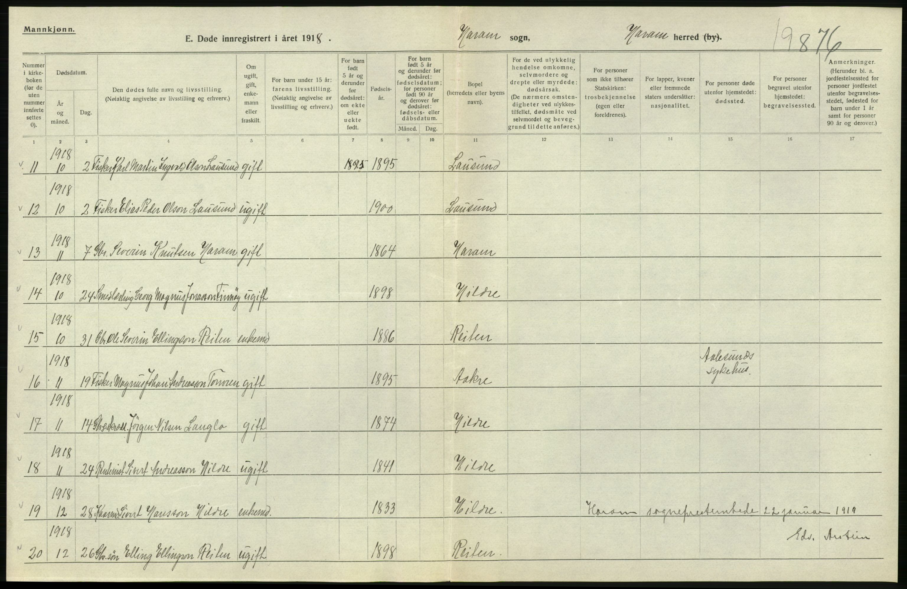 Statistisk sentralbyrå, Sosiodemografiske emner, Befolkning, RA/S-2228/D/Df/Dfb/Dfbh/L0045: Møre fylke: Døde. Bygder og byer., 1918, s. 376