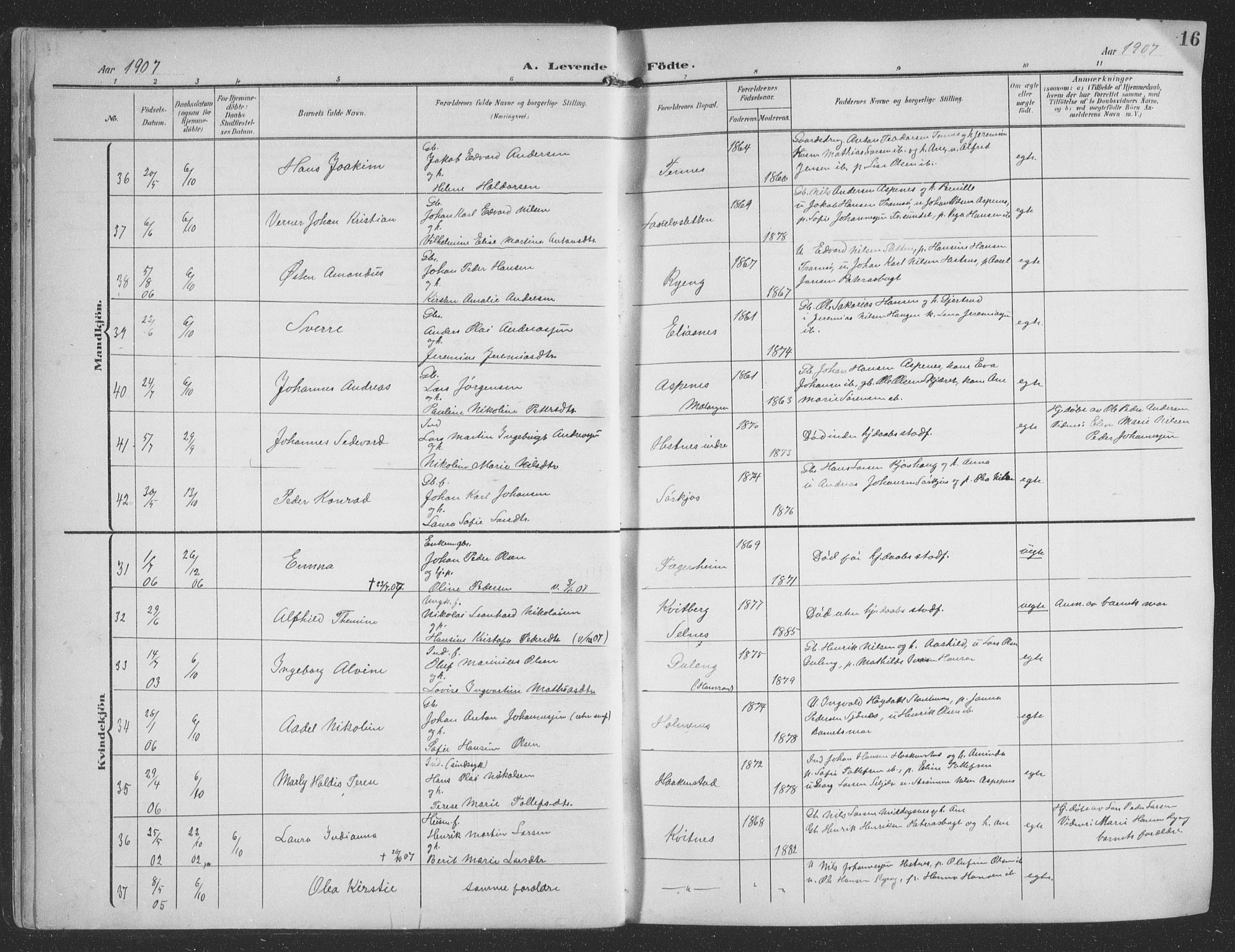 Balsfjord sokneprestembete, AV/SATØ-S-1303/G/Ga/L0009klokker: Klokkerbok nr. 9, 1906-1920, s. 16