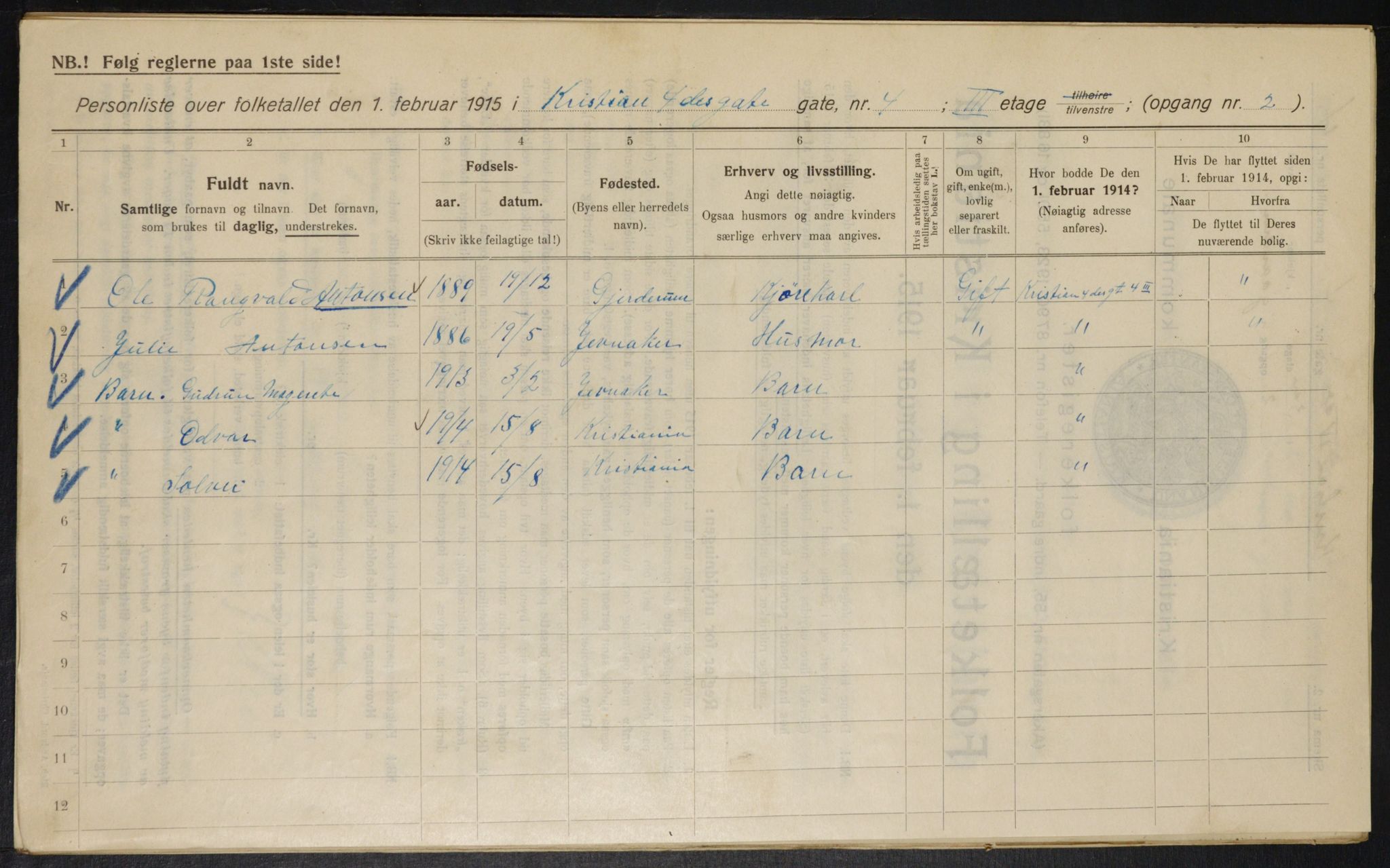 OBA, Kommunal folketelling 1.2.1915 for Kristiania, 1915, s. 53660