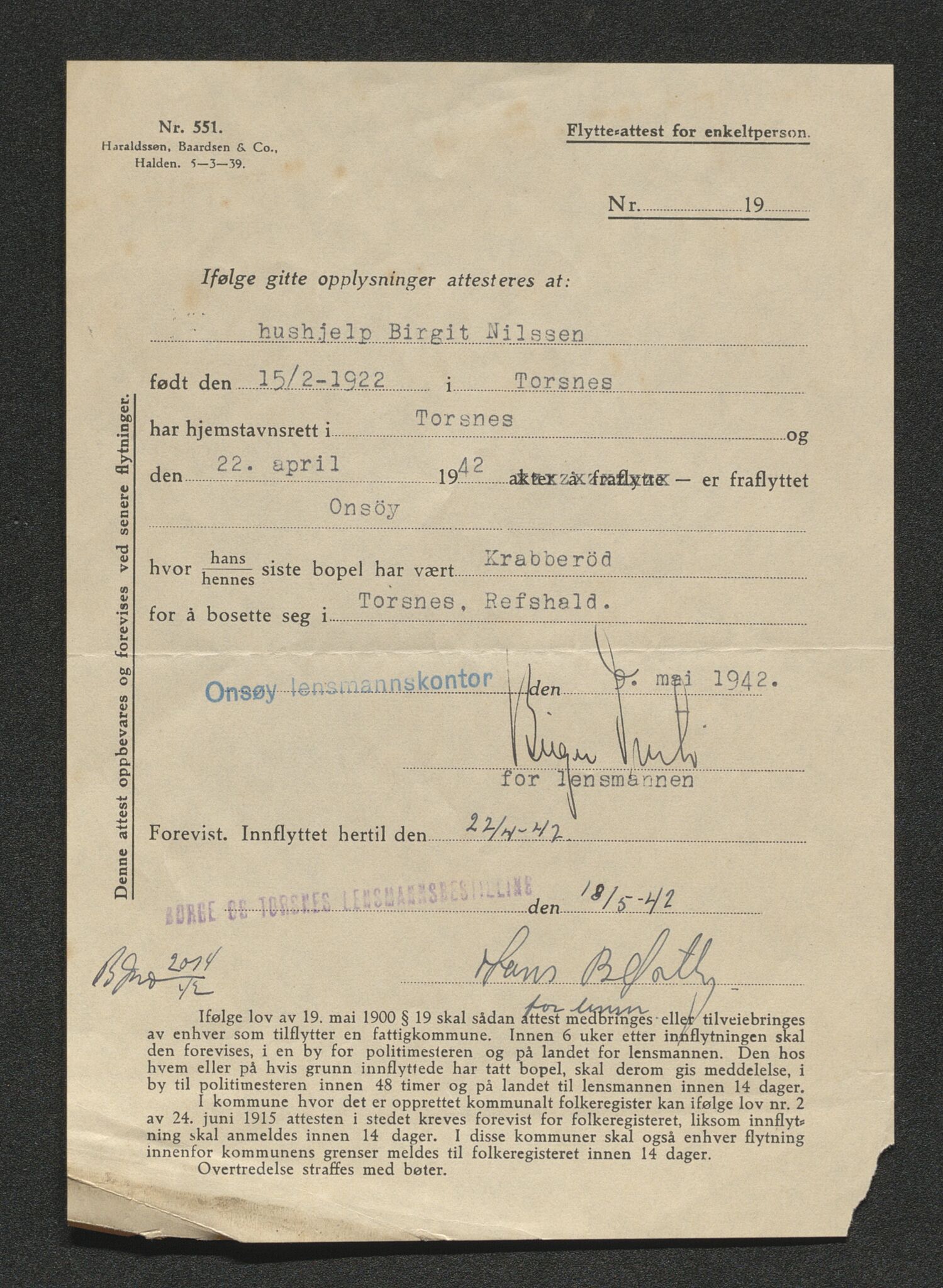 Borge lensmannskontor (Østfold), AV/SAO-A-10176/I/Ia/L0007: Protokoll over inn- og utflyttede i Torsnes fattigkommune, 1923-1943