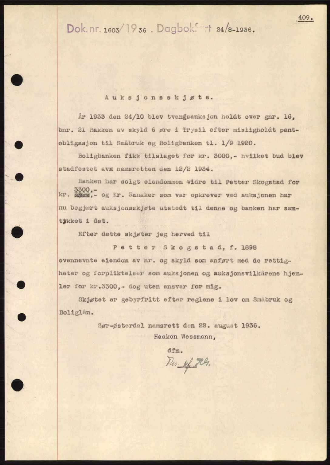 Sør-Østerdal sorenskriveri, SAH/TING-018/H/Hb/Hbb/L0054: Pantebok nr. A54, 1936-1936, Dagboknr: 1603/1936