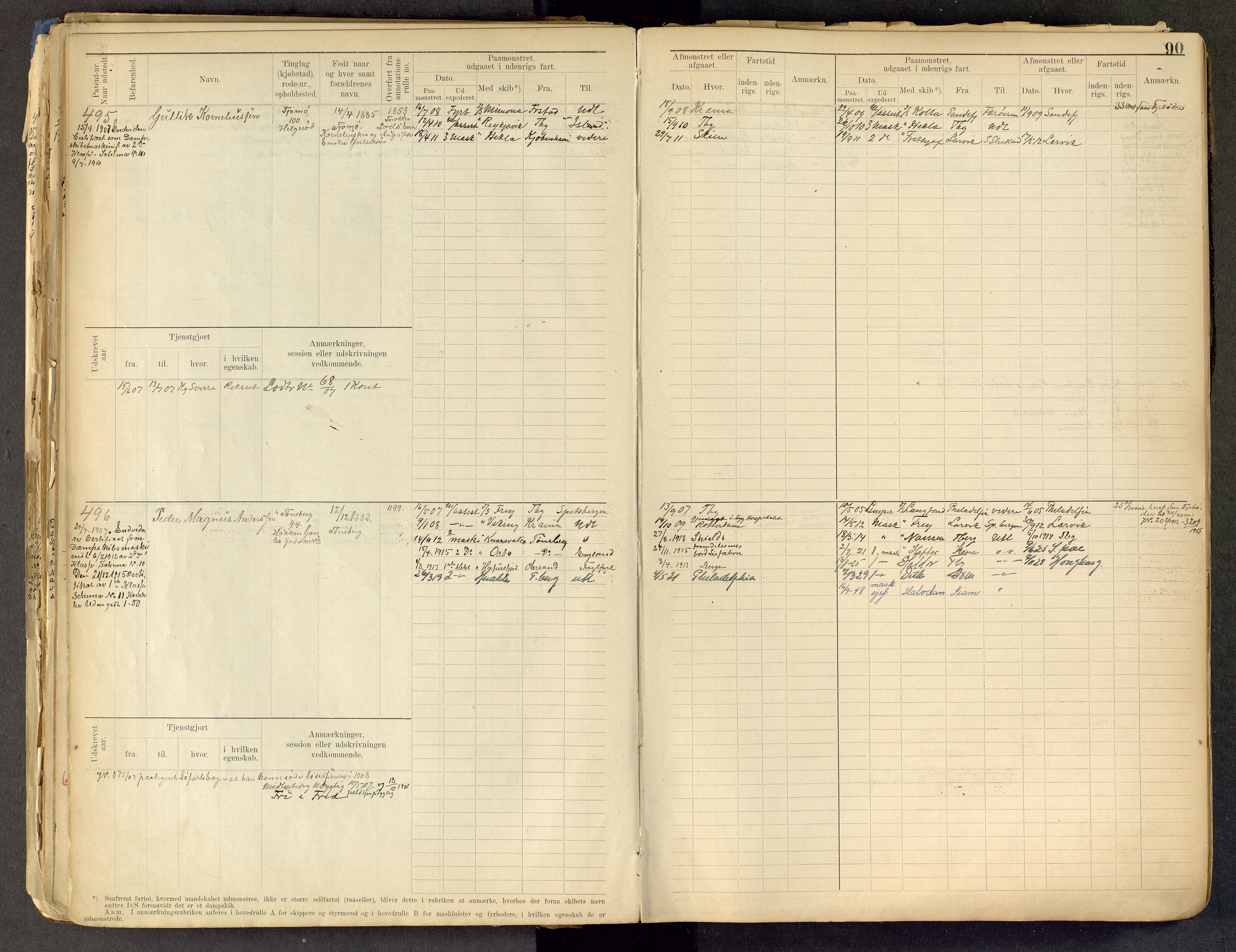 Tønsberg innrulleringskontor, SAKO/A-786/F/Fe/L0002: Maskinist- og fyrbøterrulle Patent nr. 315-1110, 1902-1924, s. 90