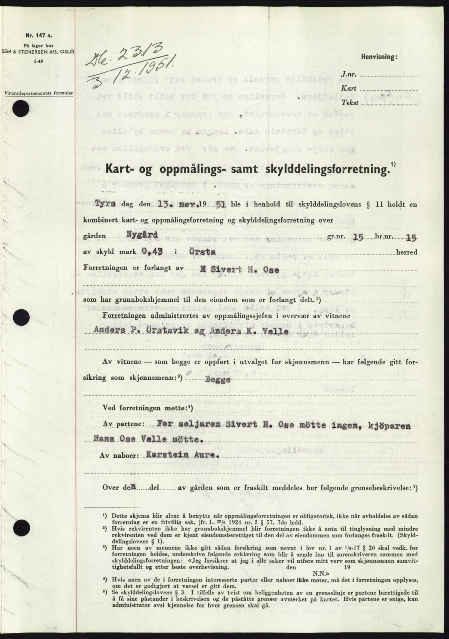 Søre Sunnmøre sorenskriveri, AV/SAT-A-4122/1/2/2C/L0090: Pantebok nr. 16A, 1951-1951, Dagboknr: 2313/1951