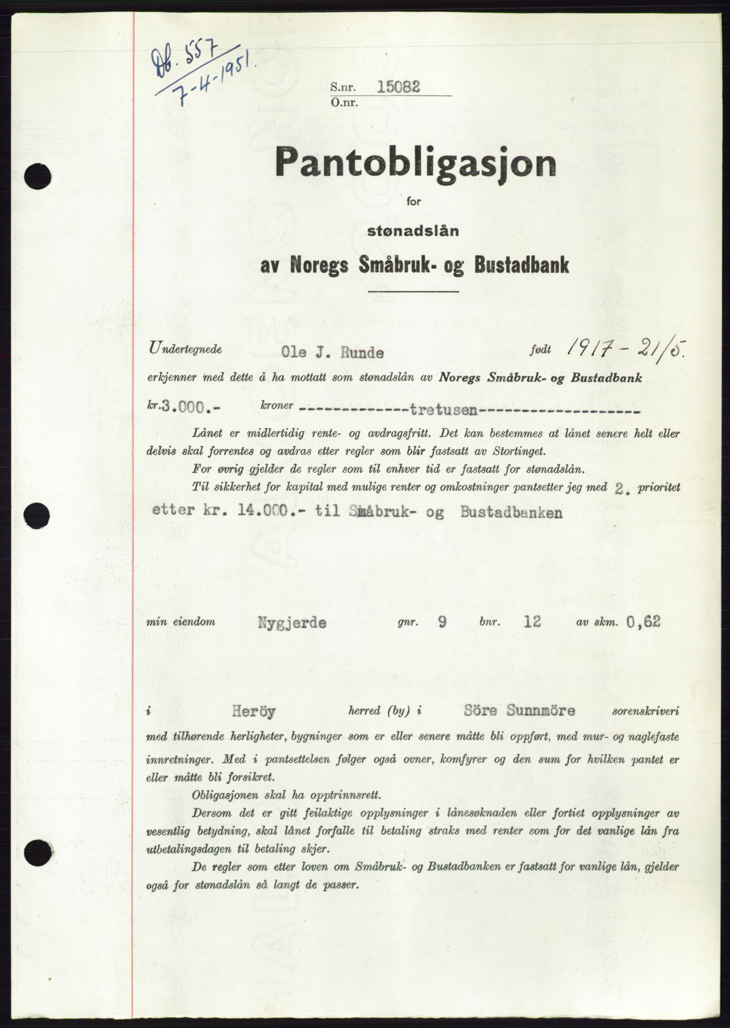Søre Sunnmøre sorenskriveri, SAT/A-4122/1/2/2C/L0119: Pantebok nr. 7B, 1950-1951, Dagboknr: 557/1951