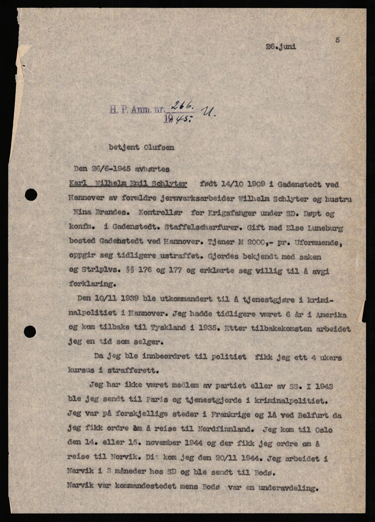 Forsvaret, Forsvarets overkommando II, RA/RAFA-3915/D/Db/L0029: CI Questionaires. Tyske okkupasjonsstyrker i Norge. Tyskere., 1945-1946, s. 310