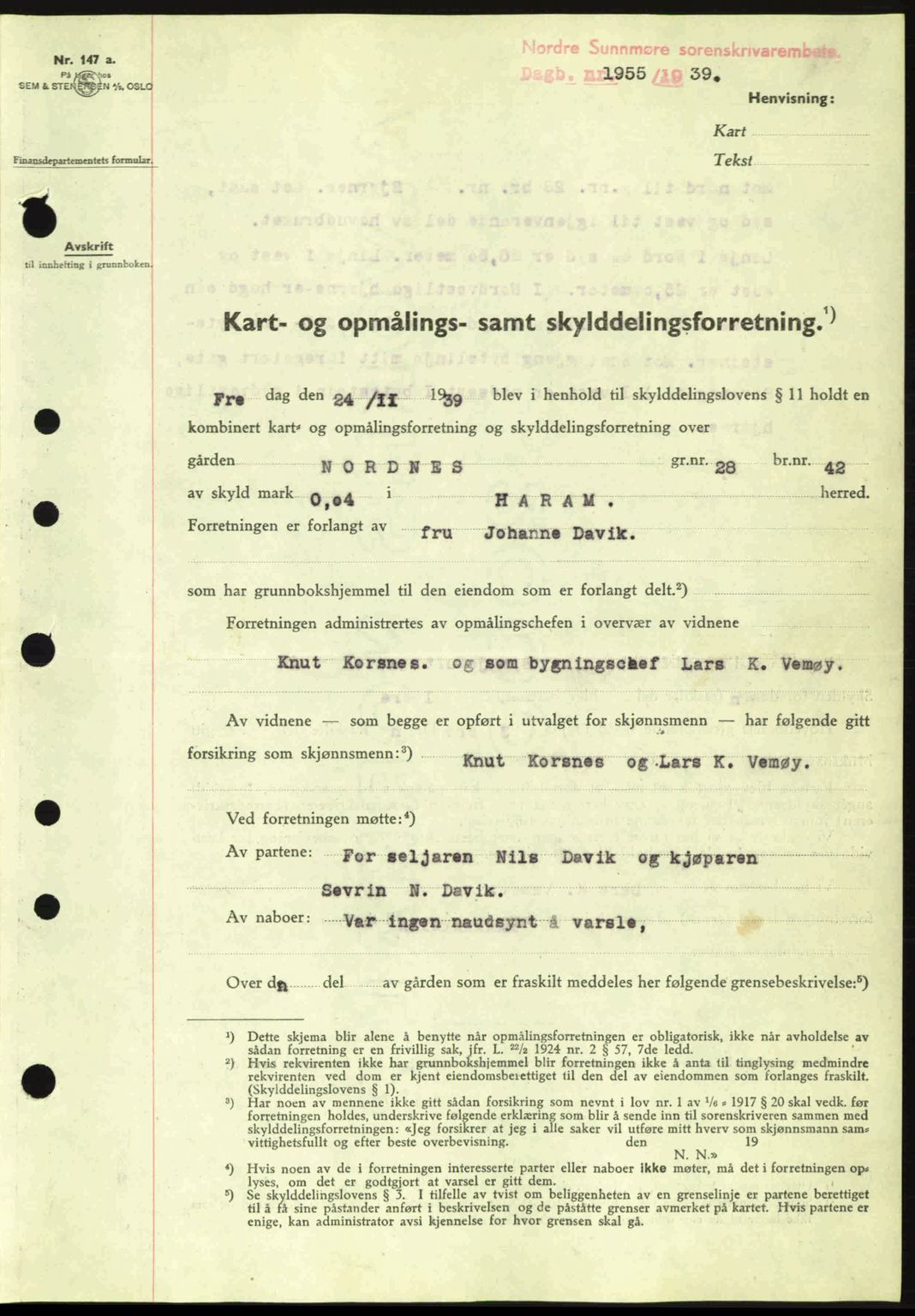 Nordre Sunnmøre sorenskriveri, AV/SAT-A-0006/1/2/2C/2Ca: Pantebok nr. A8, 1939-1940, Dagboknr: 1955/1939