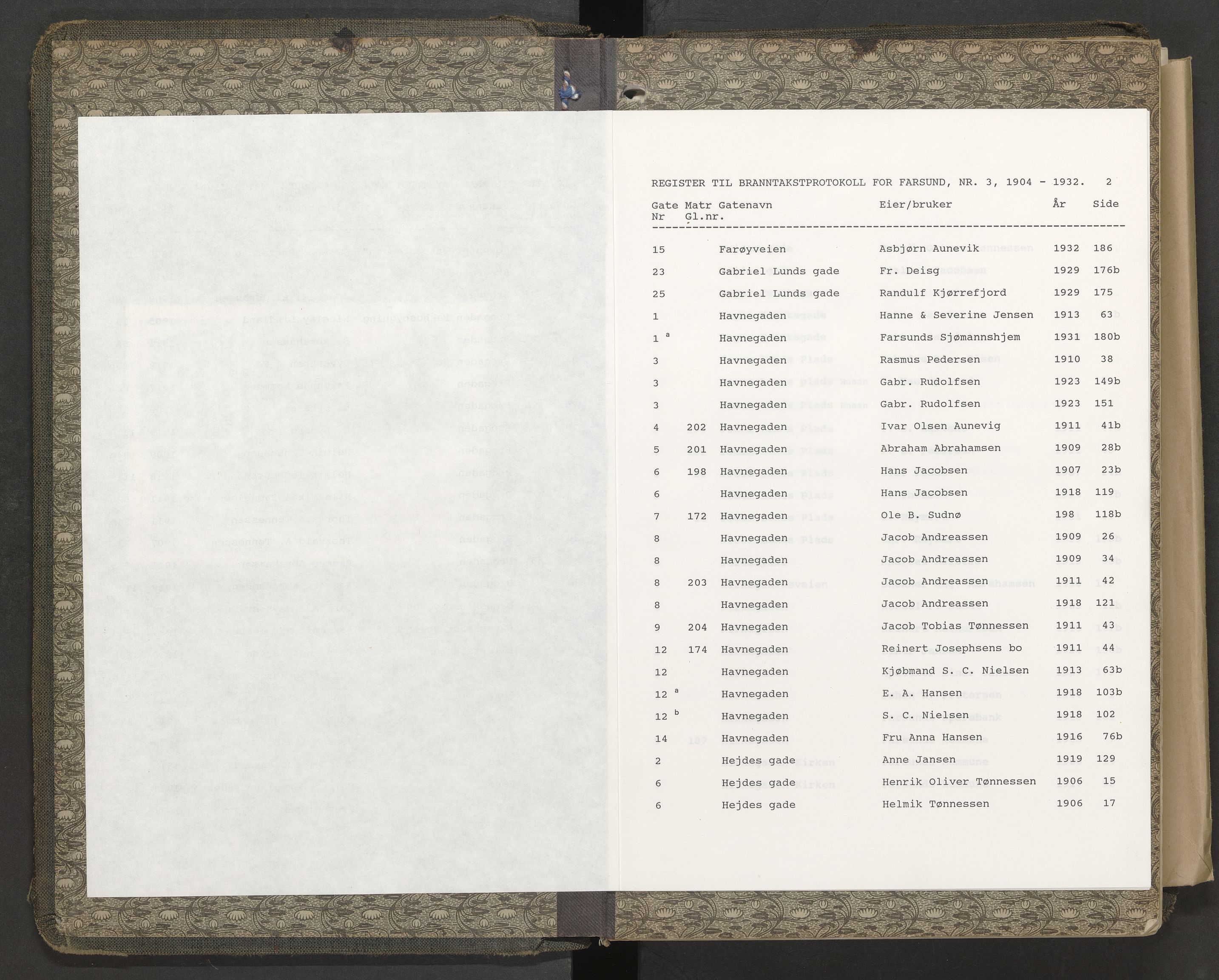 Norges Brannkasse Farsund, AV/SAK-2241-0011/F/Fa/L0002: Branntakstprotokoll nr. 3 med gatenavnsregister, 1904-1932