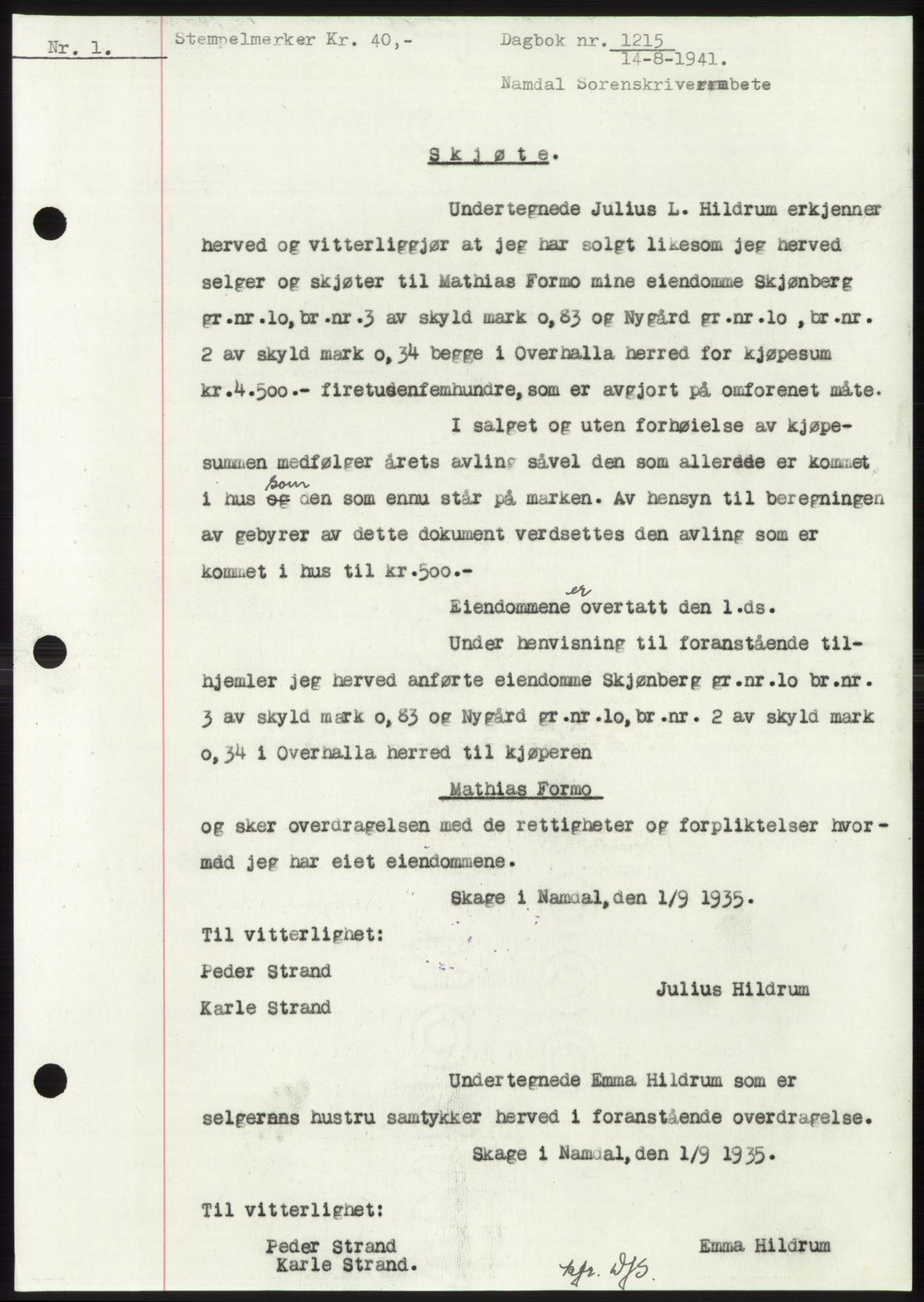Namdal sorenskriveri, SAT/A-4133/1/2/2C: Pantebok nr. -, 1940-1941, Tingl.dato: 14.08.1941
