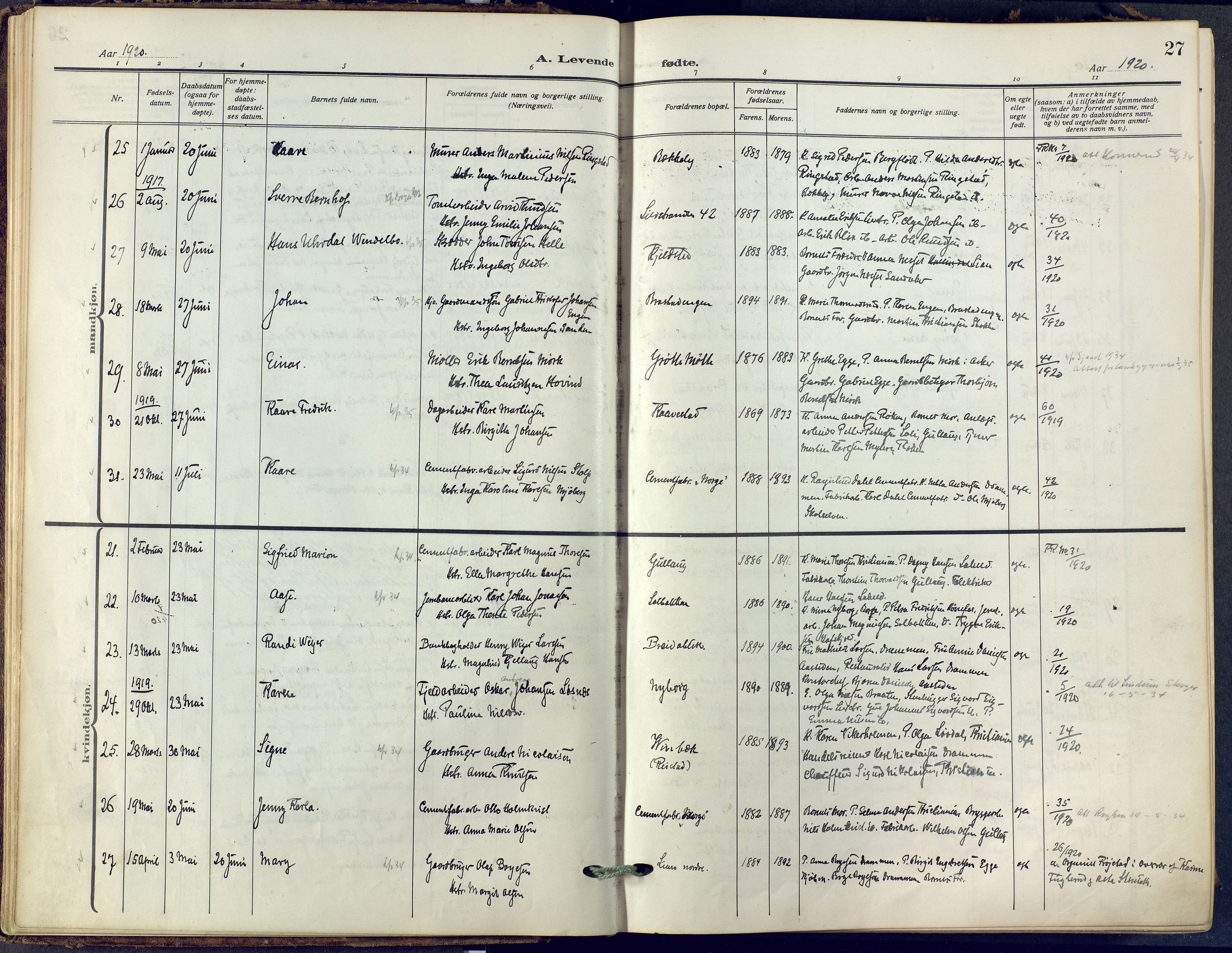 Lier kirkebøker, SAKO/A-230/F/Fa/L0019: Ministerialbok nr. I 19, 1918-1928, s. 27