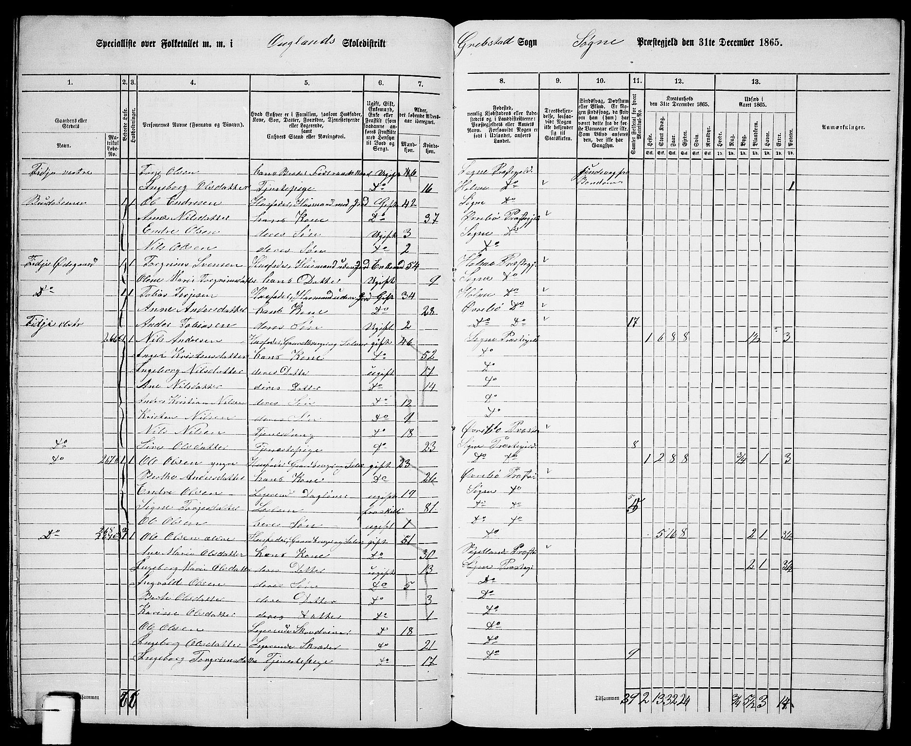 RA, Folketelling 1865 for 1018P Søgne prestegjeld, 1865, s. 149