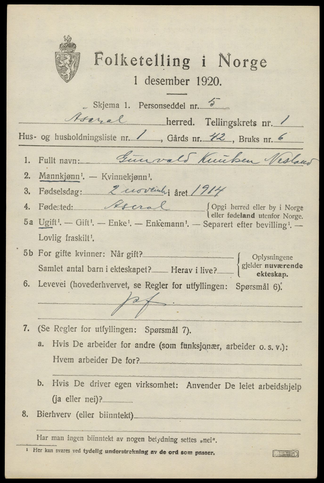 SAK, Folketelling 1920 for 1026 Åseral herred, 1920, s. 524