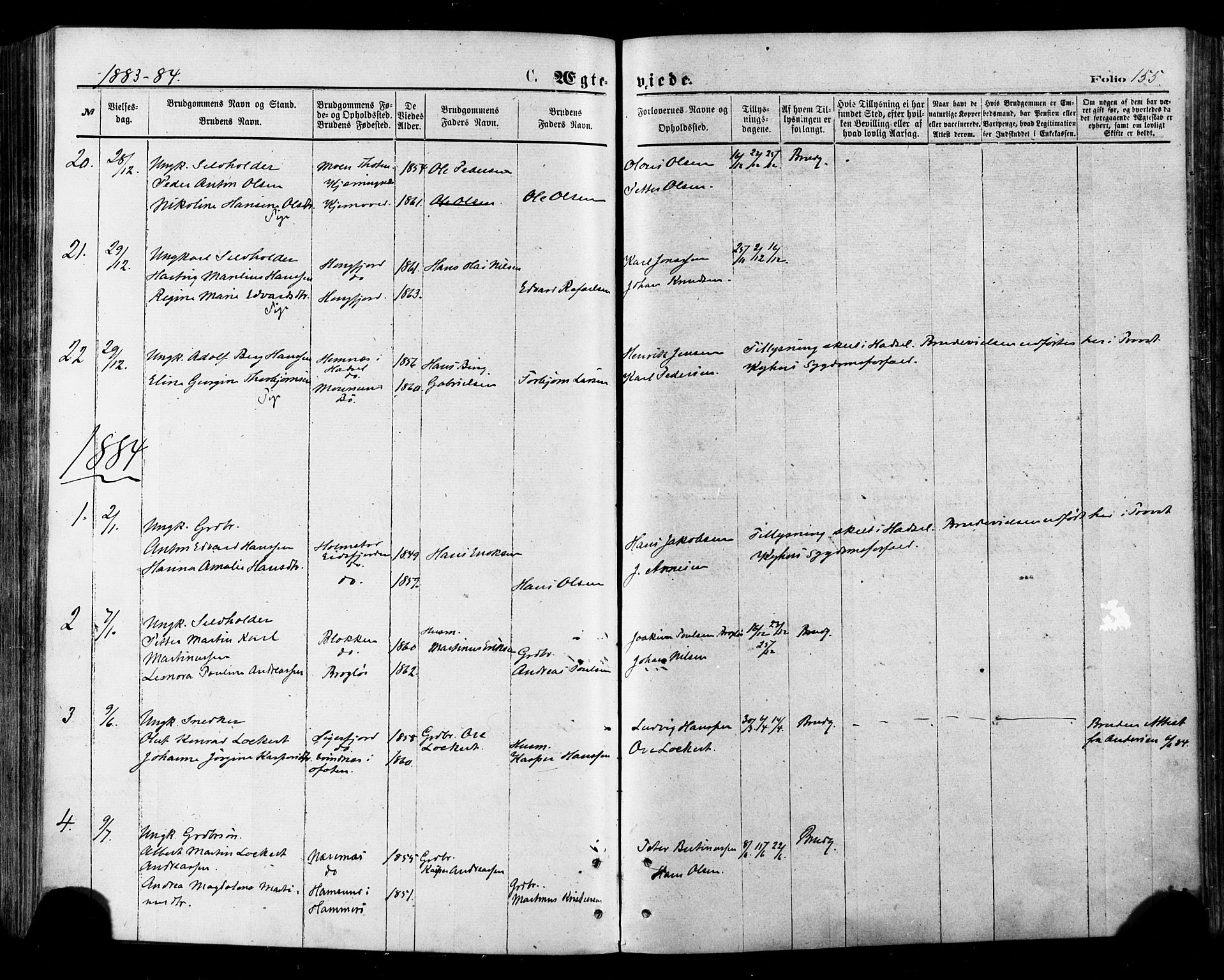 Ministerialprotokoller, klokkerbøker og fødselsregistre - Nordland, SAT/A-1459/895/L1370: Ministerialbok nr. 895A05, 1873-1884, s. 155