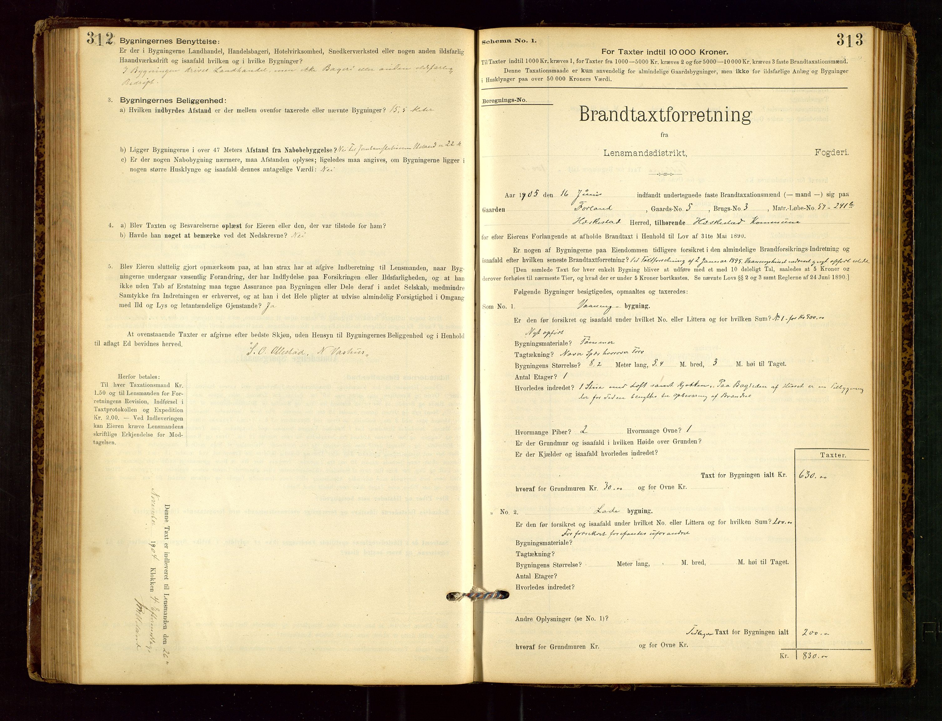 Heskestad lensmannskontor, SAST/A-100304/Gob/L0001: "Brandtaxationsprotokol", 1894-1915, s. 312-313