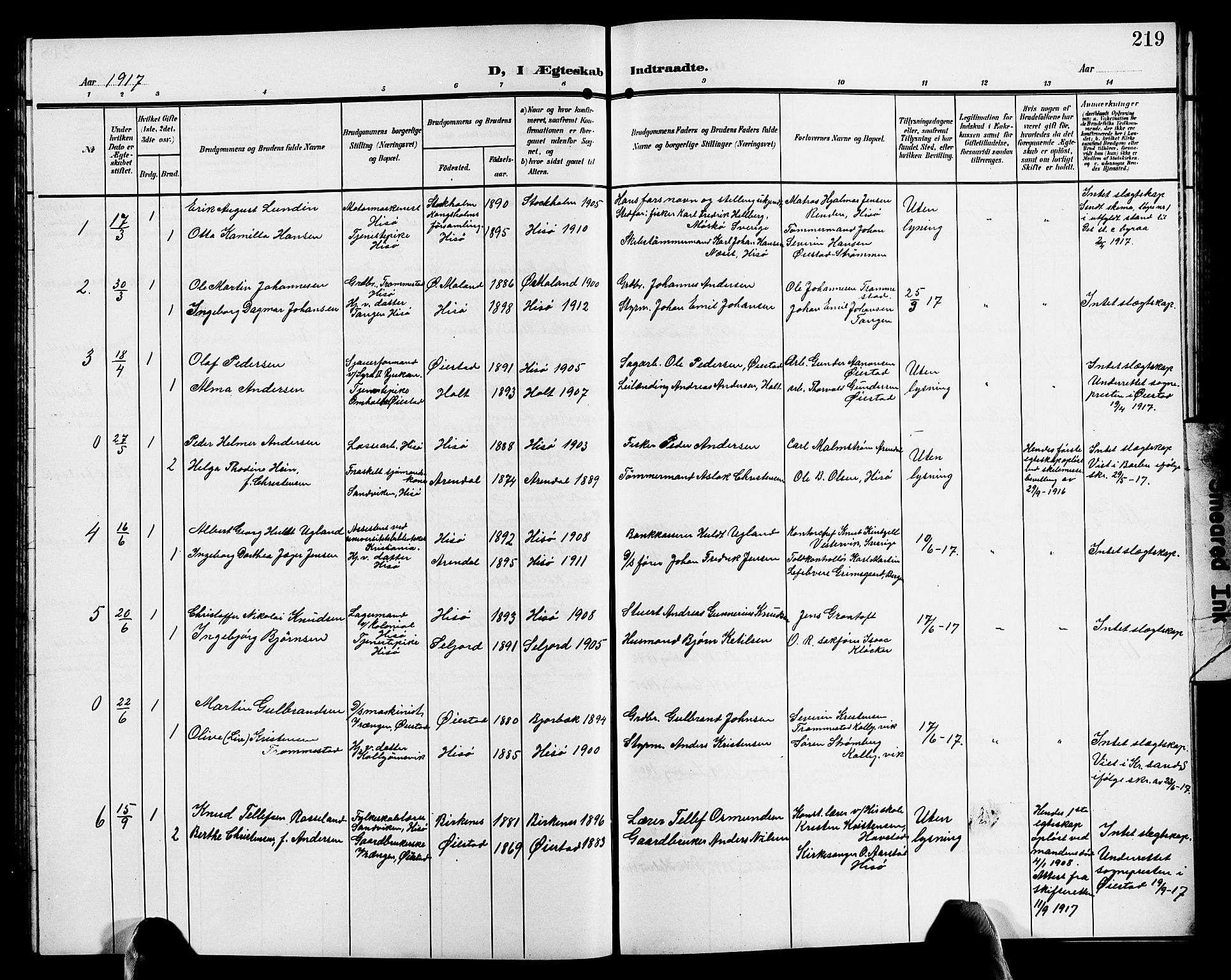 Hisøy sokneprestkontor, AV/SAK-1111-0020/F/Fb/L0004: Klokkerbok nr. B 4, 1905-1923, s. 219