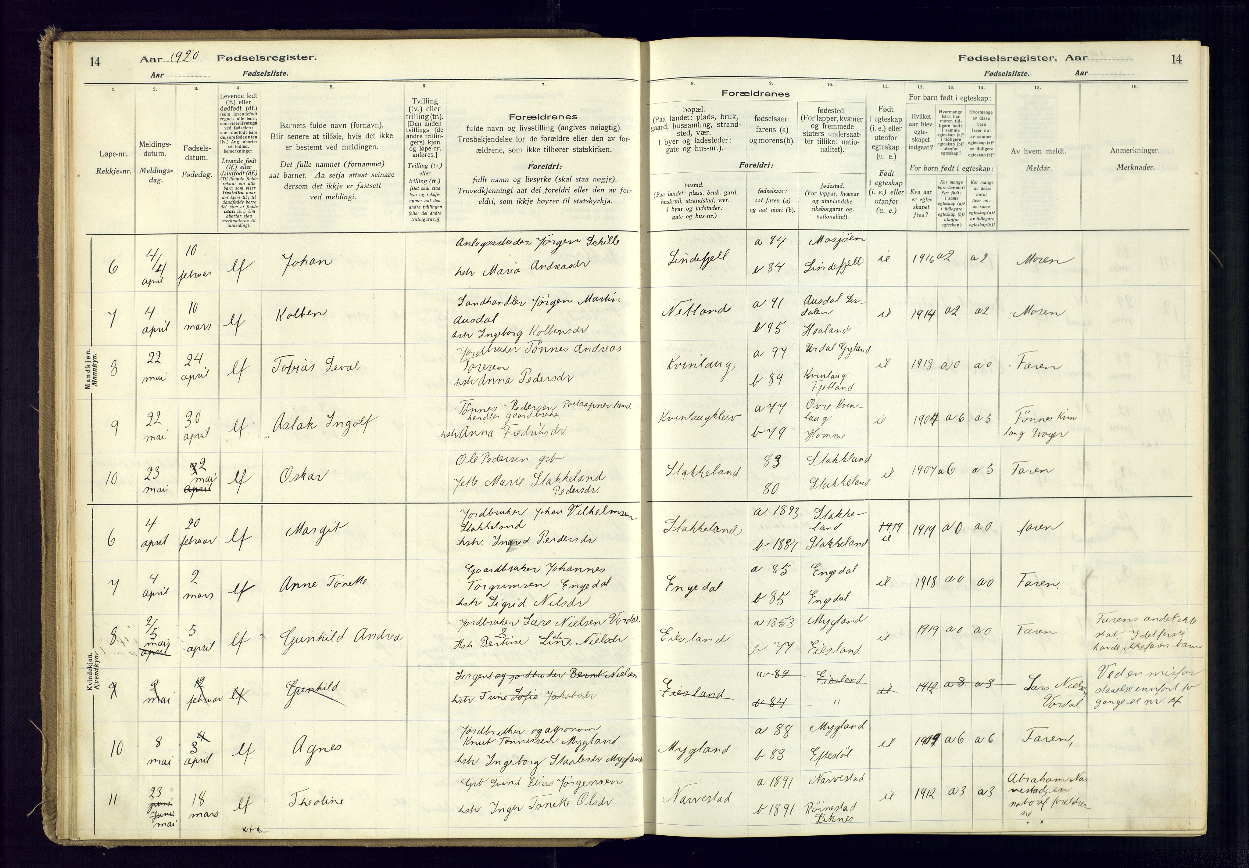 Fjotland sokneprestkontor, AV/SAK-1111-0010/J/Ja/L0001: Fødselsregister nr. 1, 1916-1981, s. 14