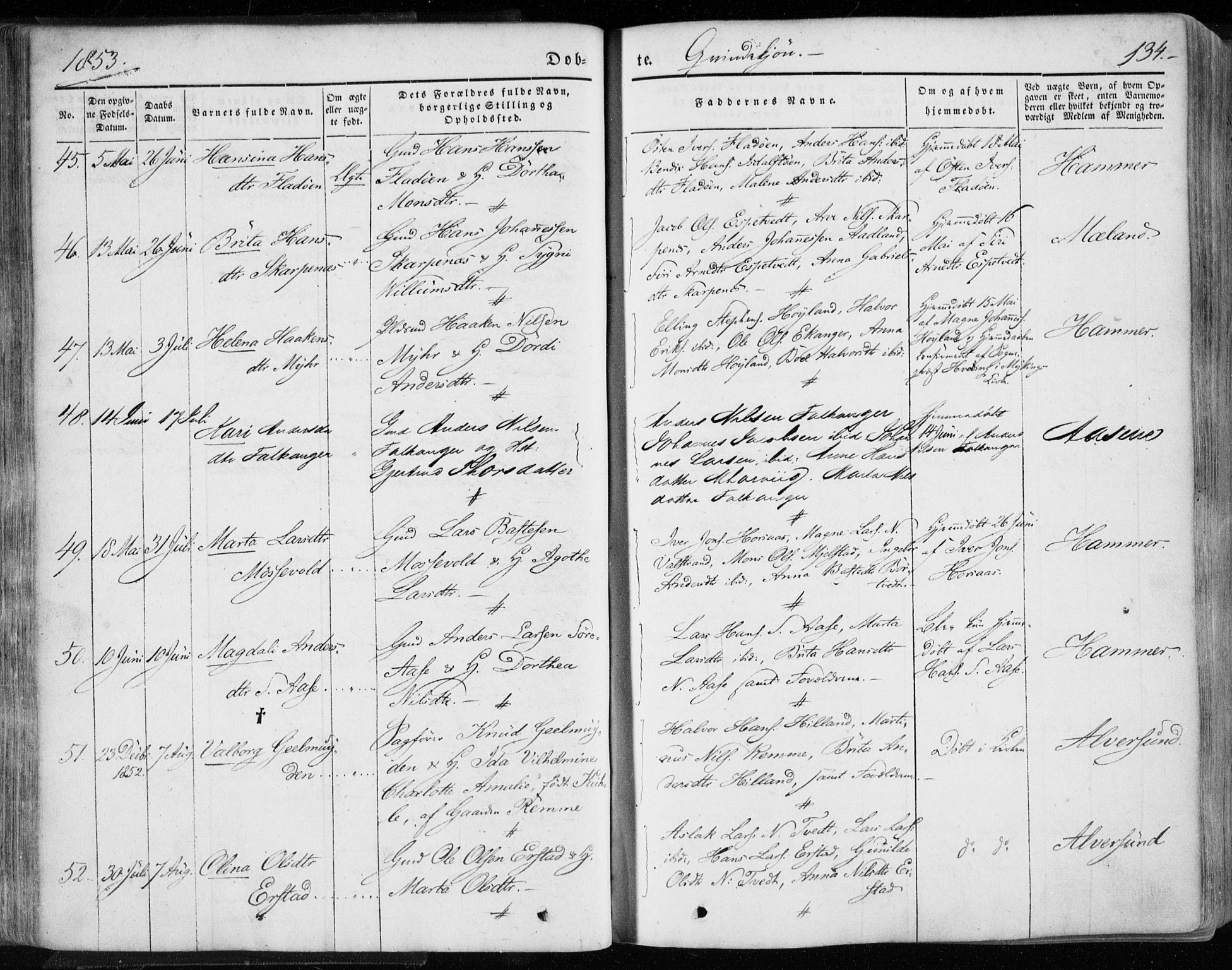 Hamre sokneprestembete, AV/SAB-A-75501/H/Ha/Haa/Haaa/L0013: Ministerialbok nr. A 13, 1846-1857, s. 134