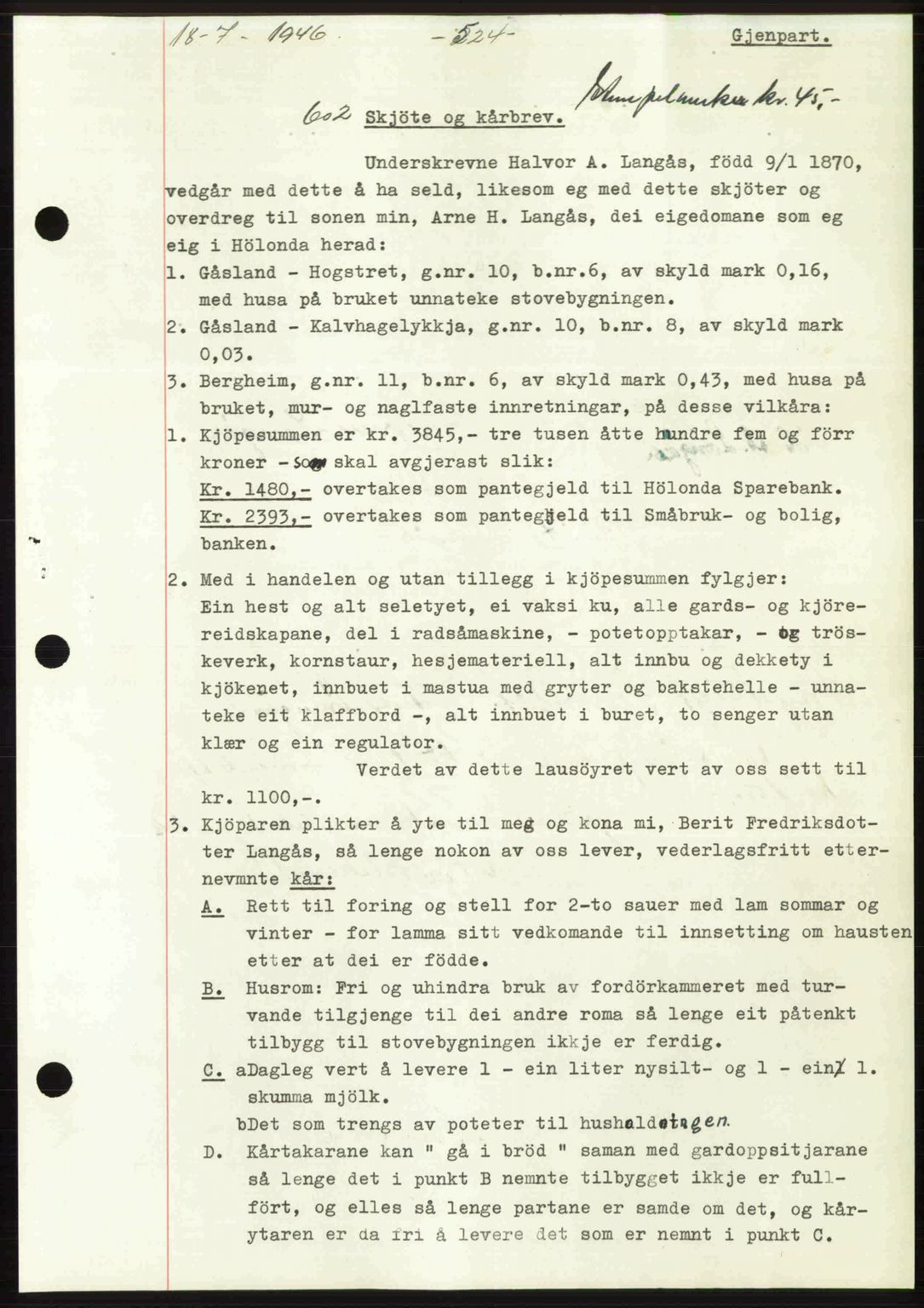 Gauldal sorenskriveri, SAT/A-0014/1/2/2C: Pantebok nr. A2, 1946-1946, Dagboknr: 602/1946