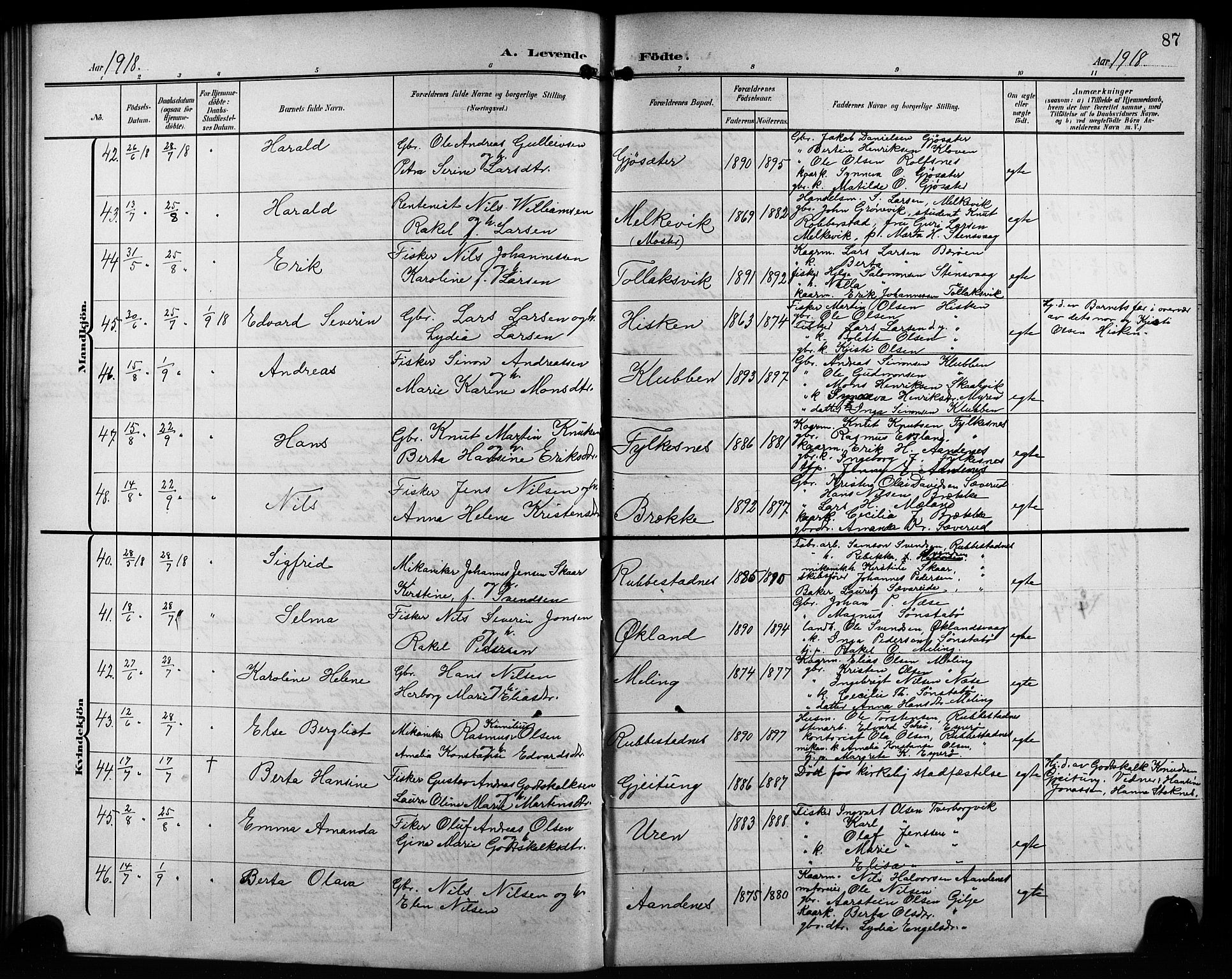 Finnås sokneprestembete, AV/SAB-A-99925/H/Ha/Hab/Habb/L0005: Klokkerbok nr. B 5, 1907-1920, s. 87