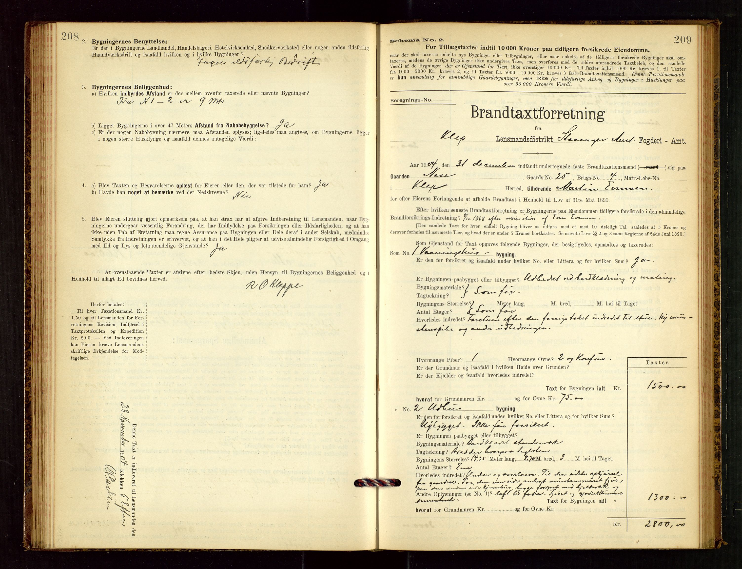 Klepp lensmannskontor, SAST/A-100163/Goc/L0003: "Brandtaxationsprotokol" m/register, 1902-1907, s. 208-209