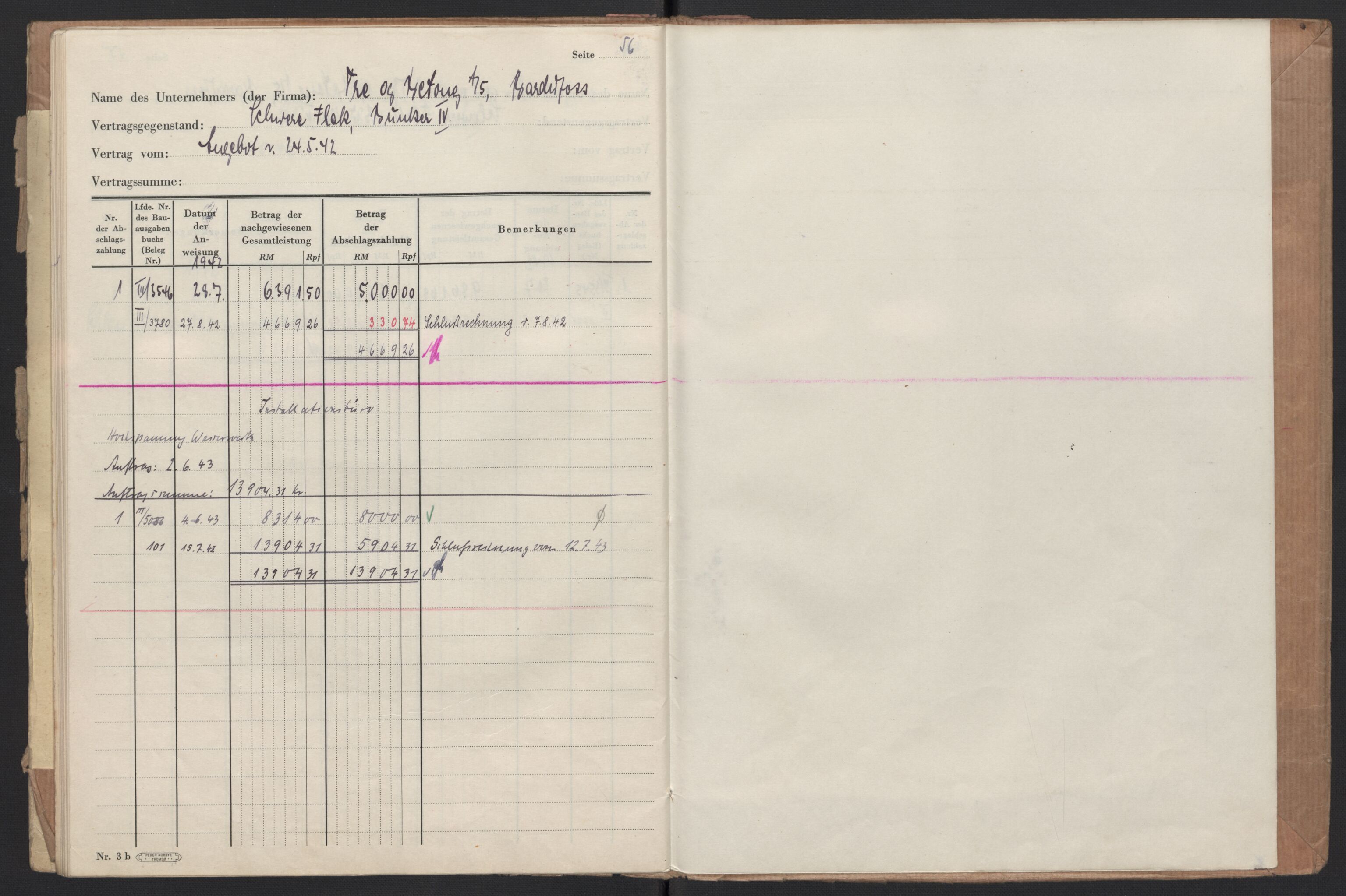 Tyske arkiver, Organisation Todt (OT), Einsatzgruppe Wiking, AV/RA-RAFA-2188/2/F/Fg/Fgb/L0005: Bltg. L.W. Bardufoss: Diverse regnskapsbøker, 1940