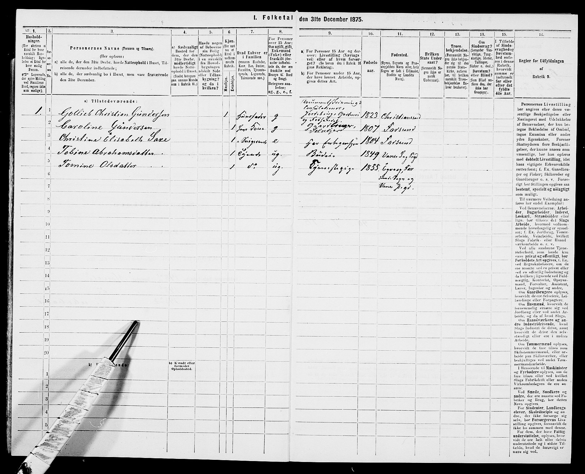 SAK, Folketelling 1875 for 1041L Vanse prestegjeld, Vanse sokn og Farsund landsokn, 1875, s. 107