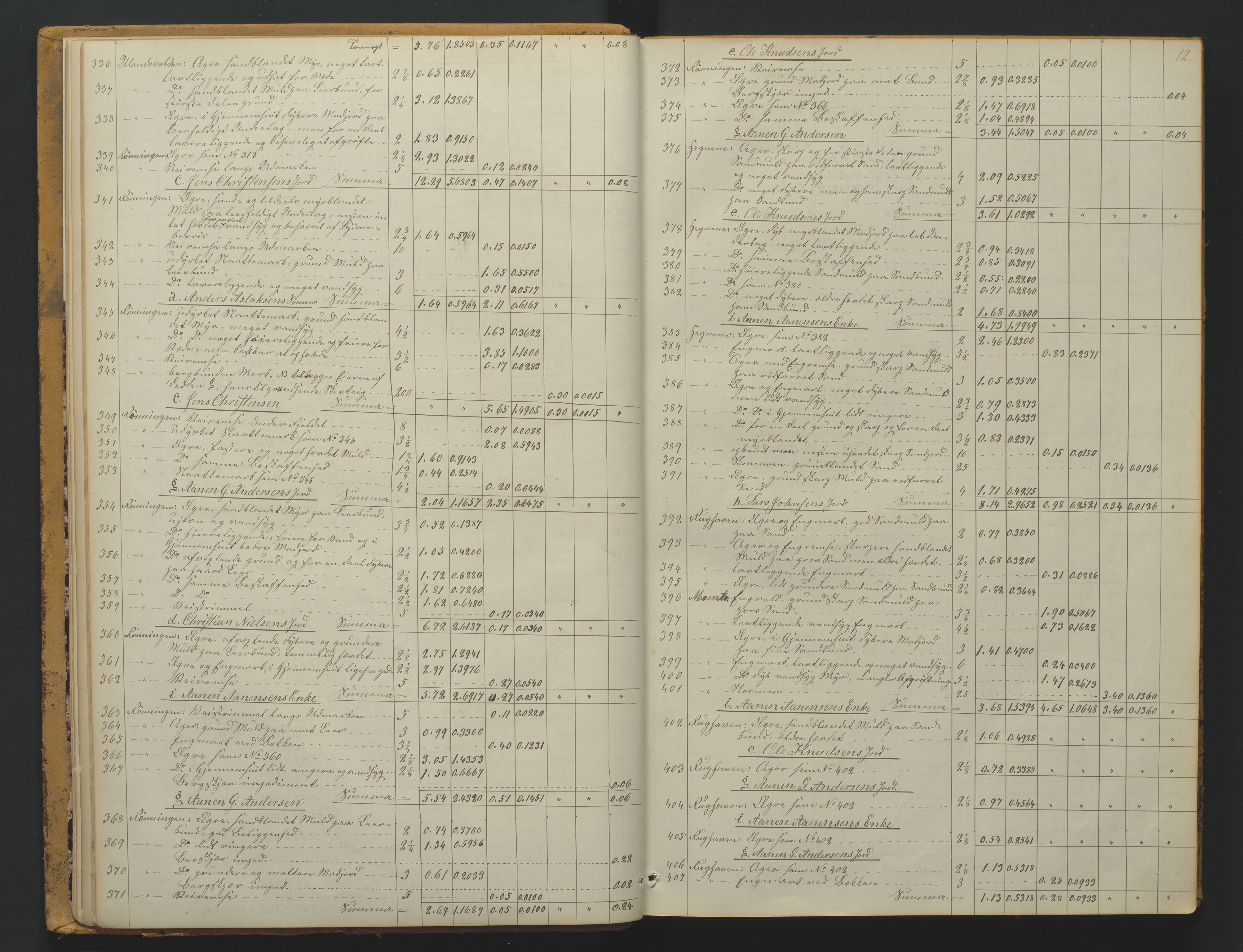 Utskiftningsformannen i Nedenes amt, AV/SAK-1541-0002/F/Fa/Faa/L0007: Utskiftningsprotokoll med gårdsregister, Nedenes amt nr 7, 1873-1878, s. 12